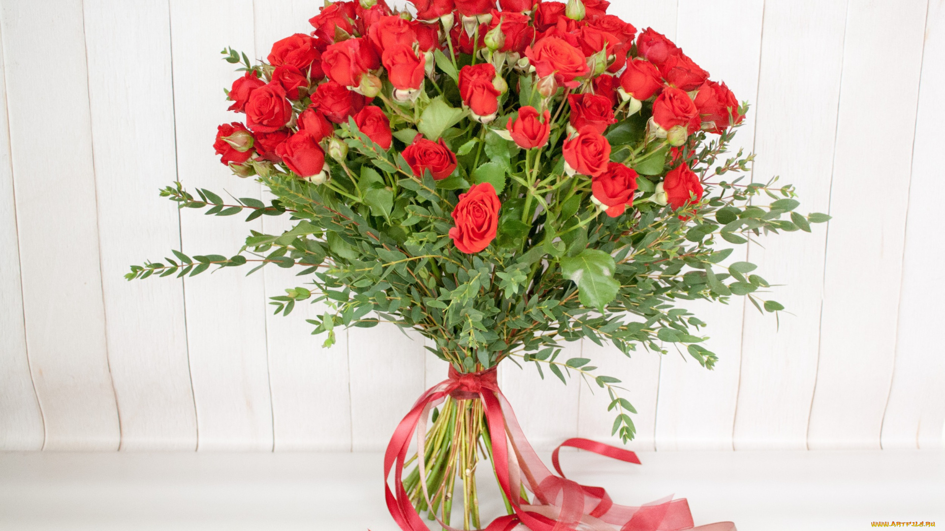 цветы, розы, букет, лента, зелень