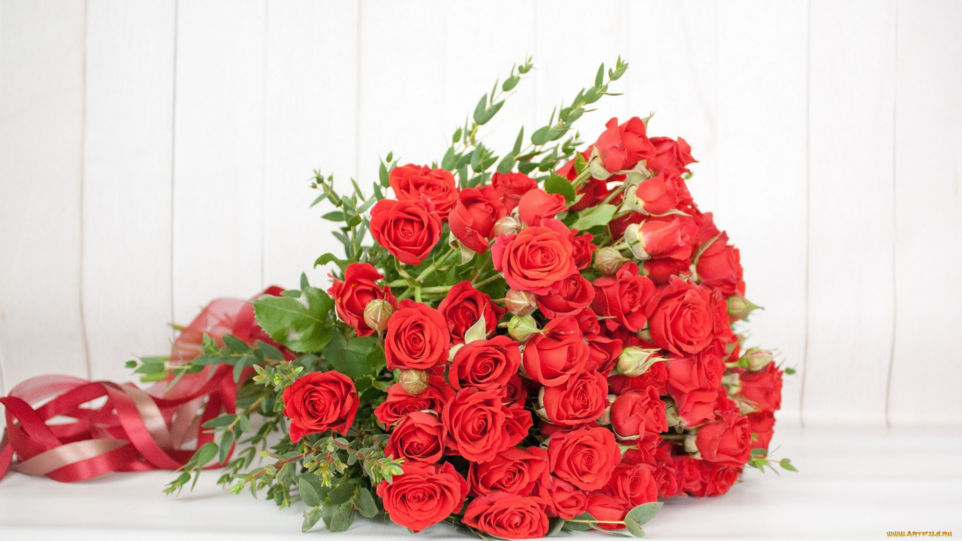 цветы, розы, зелень, букет, лента