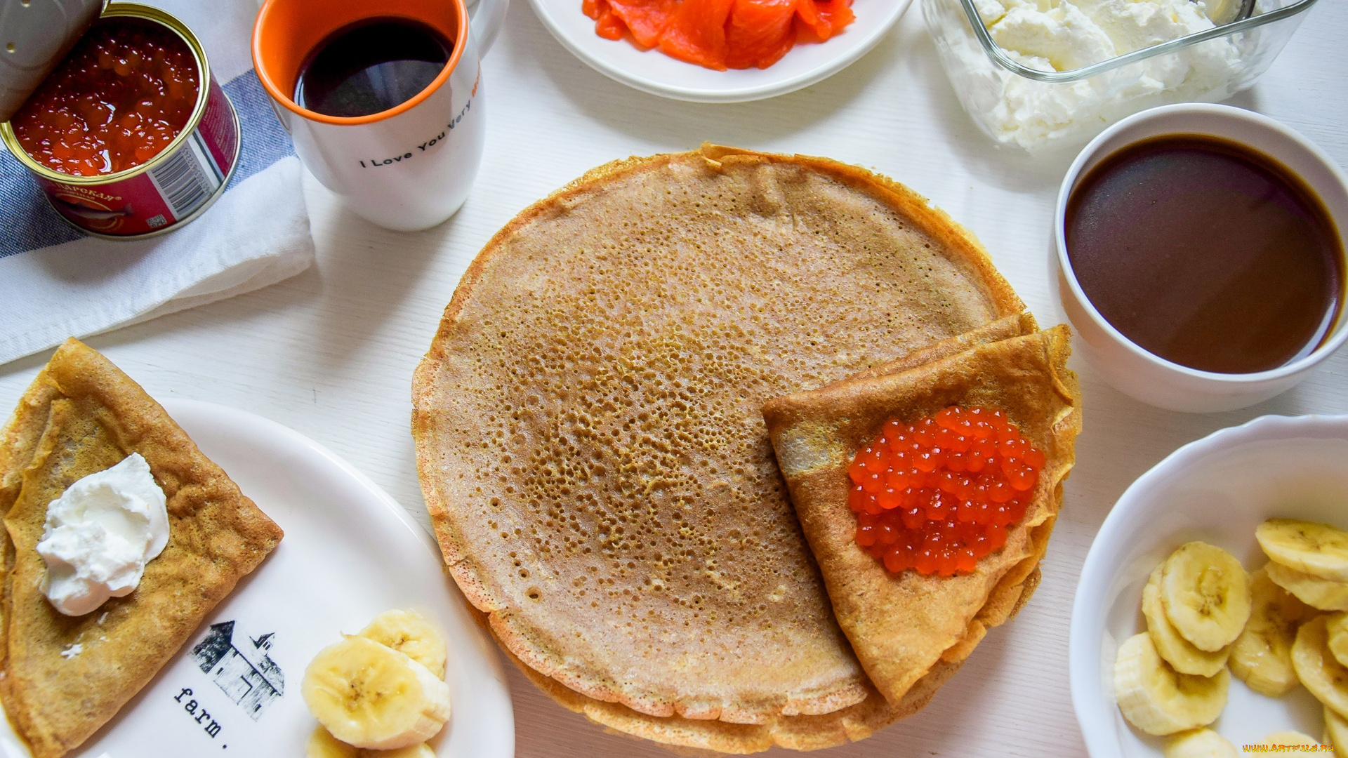 еда, блины, , оладьи, сметана, икра, бананы, шоколад
