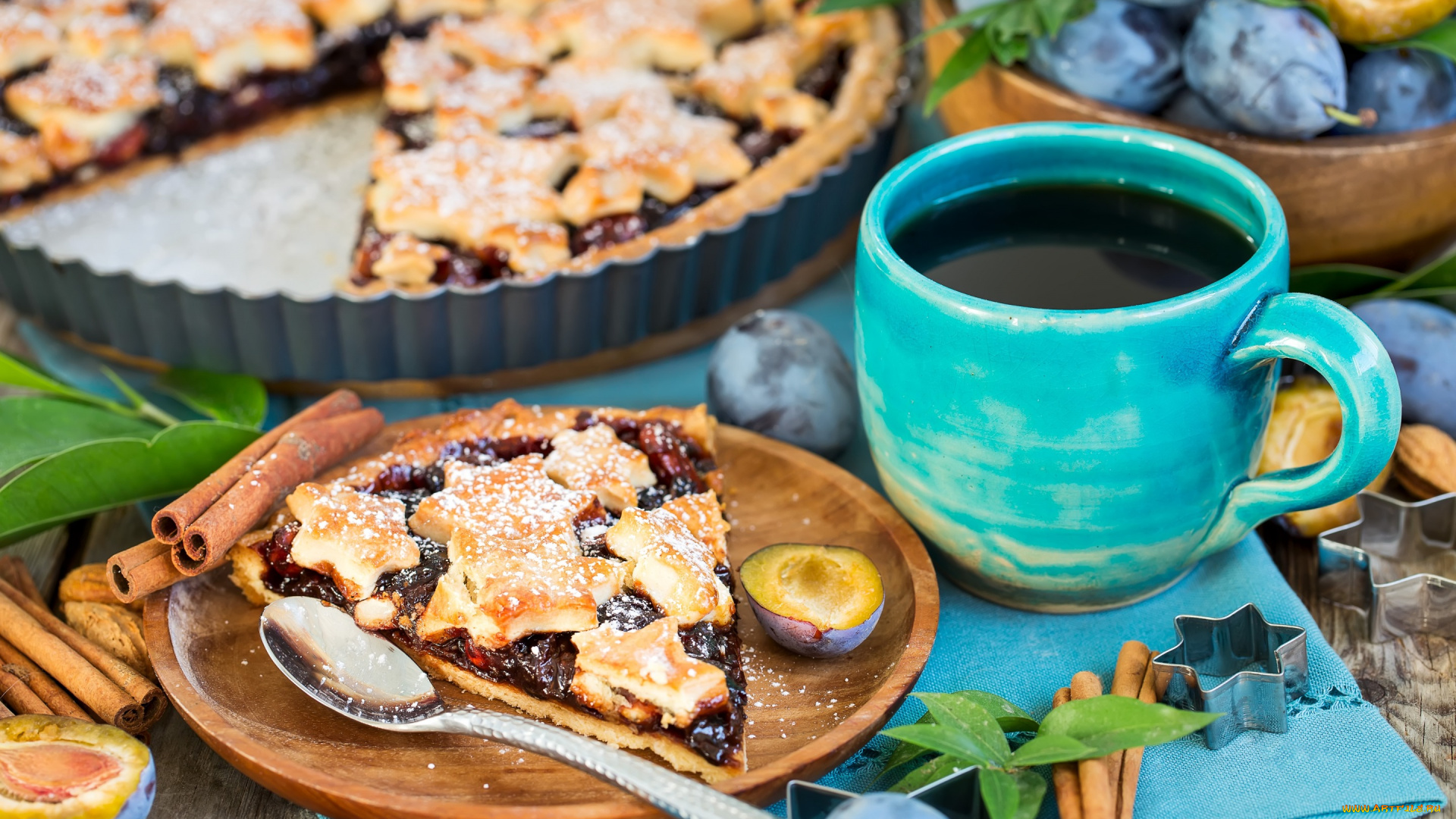 еда, пироги, корица, сливы, пирог, сливовый, выпечка, чашка, кофе