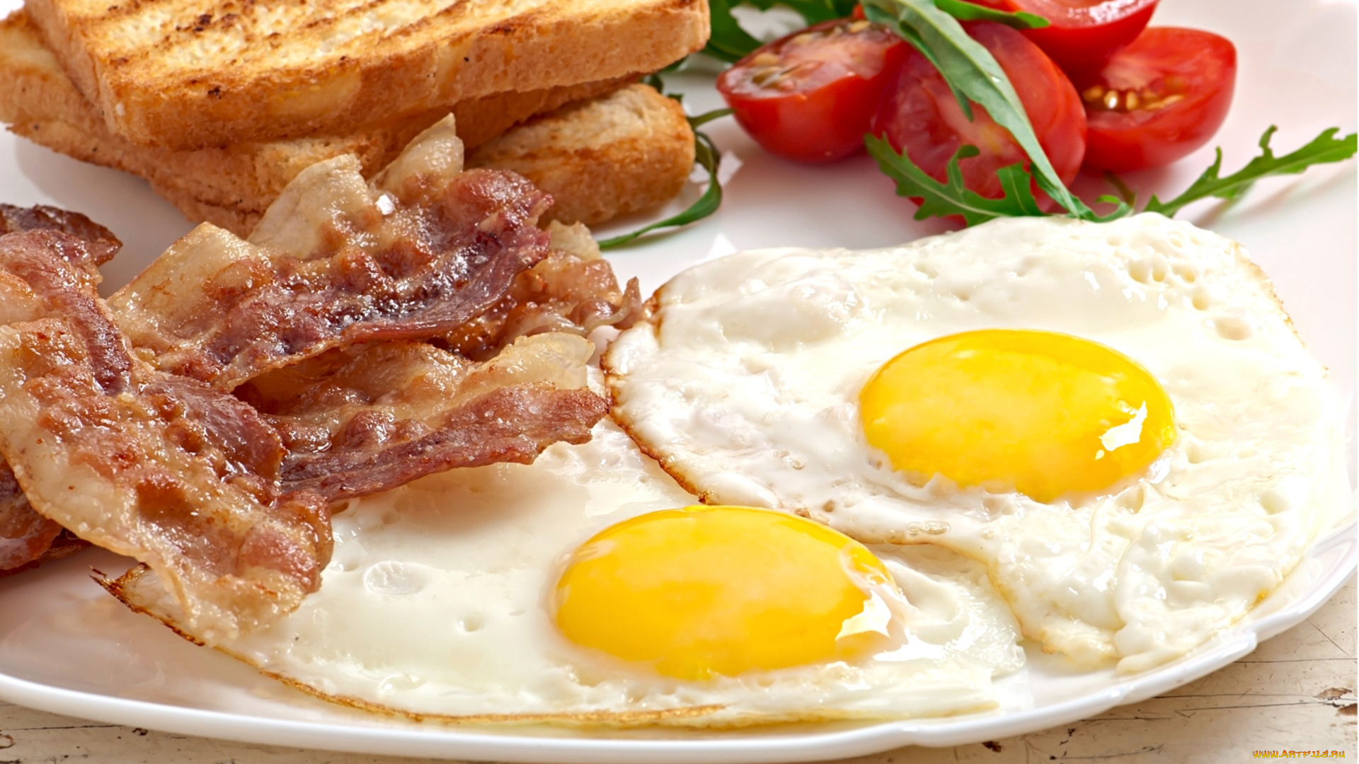 еда, Яичные, блюда, яичница, бекон, завтрак, тосты, помидор