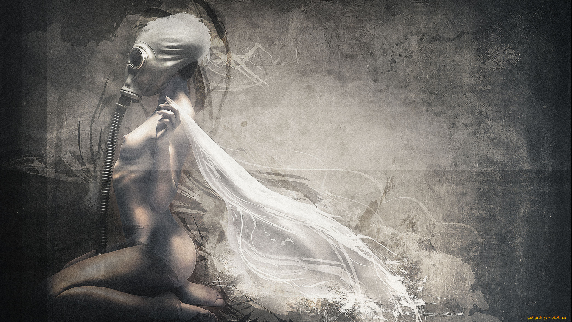 фэнтези, фотоарт, противогаз, девушка, фон