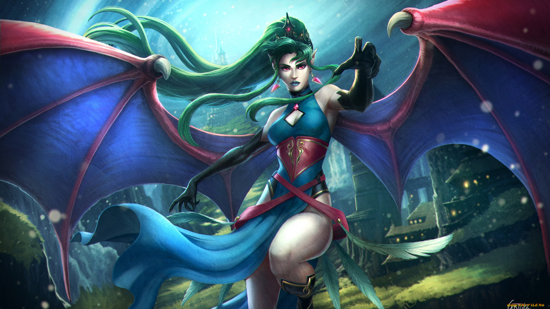 фэнтези, вампиры, девушка, крылья, evelyn, диадема, вампир, арт, платье, мистика, красота, волосы