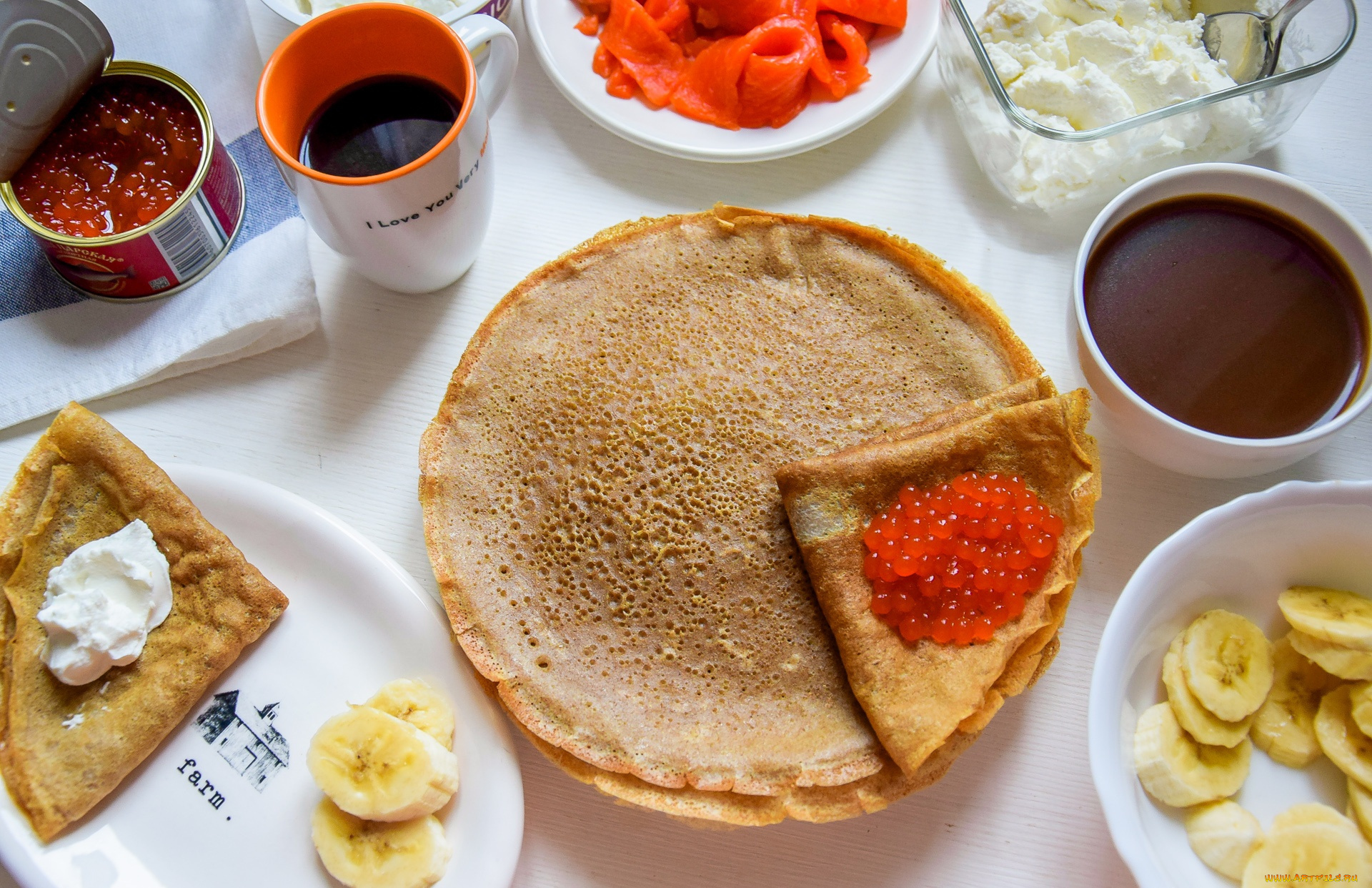 еда, блины, , оладьи, сметана, икра, бананы, шоколад