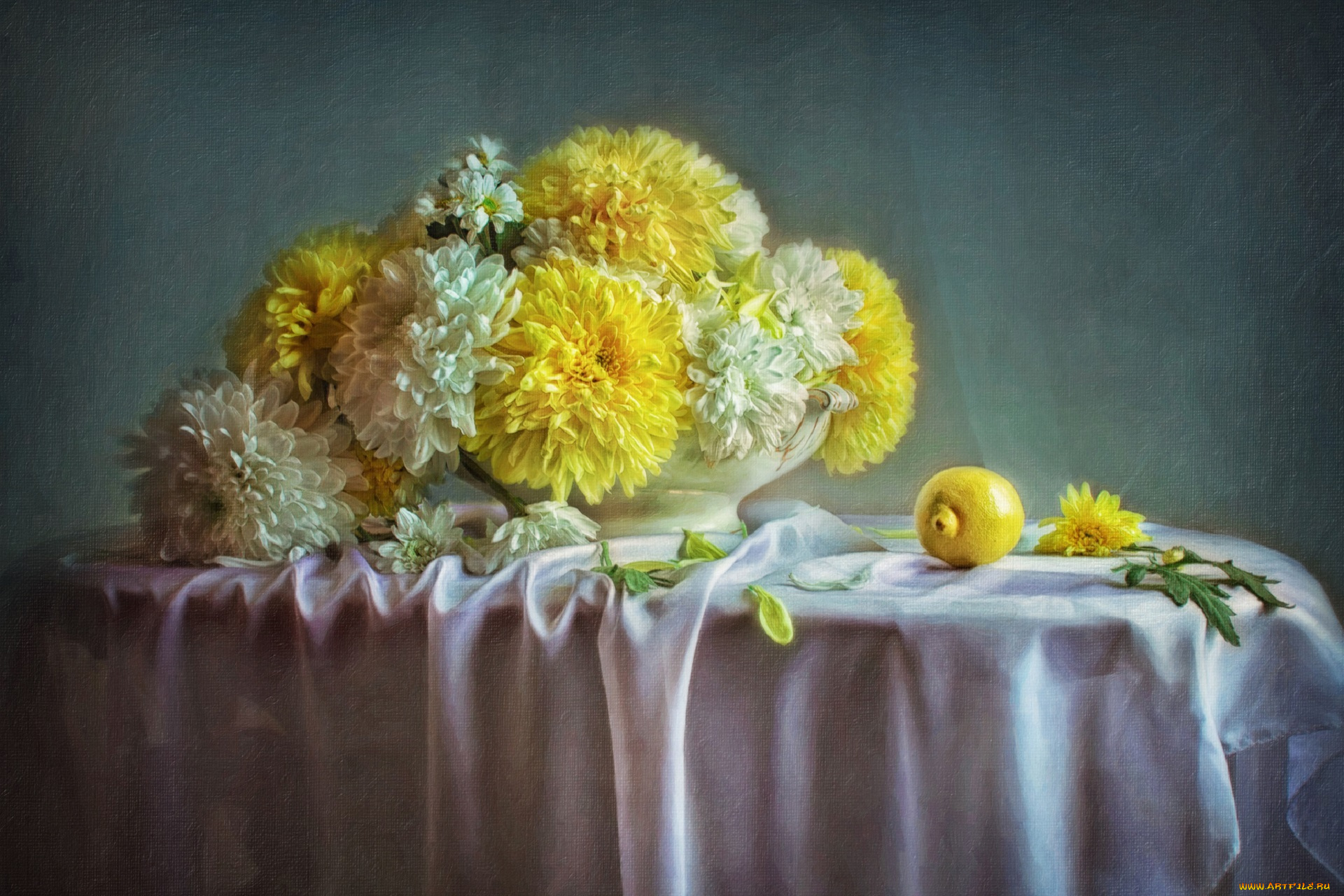 рисованное, цветы, картина, хризантемы, лимон