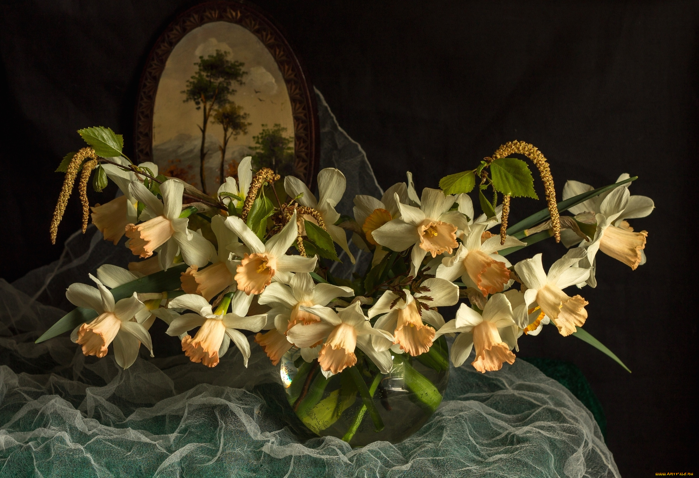 цветы, нарциссы, картина, ваза, ткань