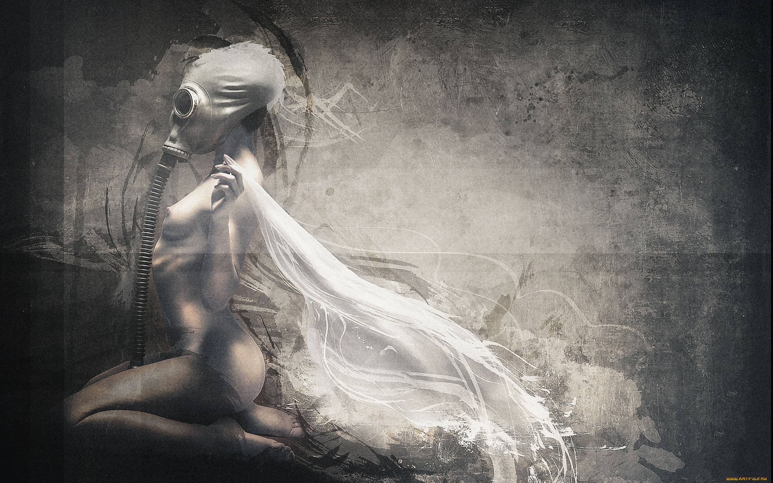 фэнтези, фотоарт, противогаз, девушка, фон
