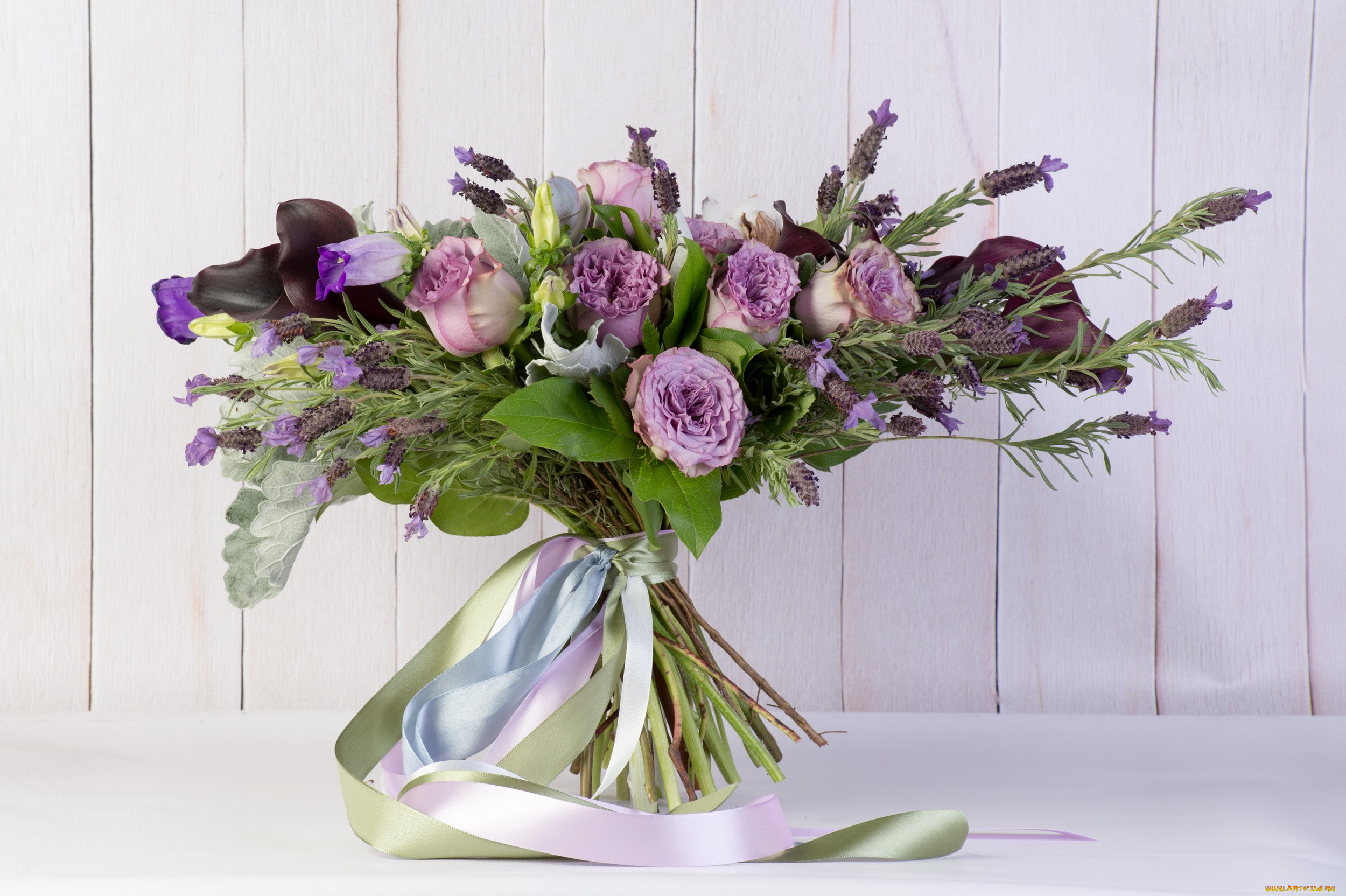 цветы, букеты, , композиции, ваза, хлопок, букет, ленты, розы, каллы