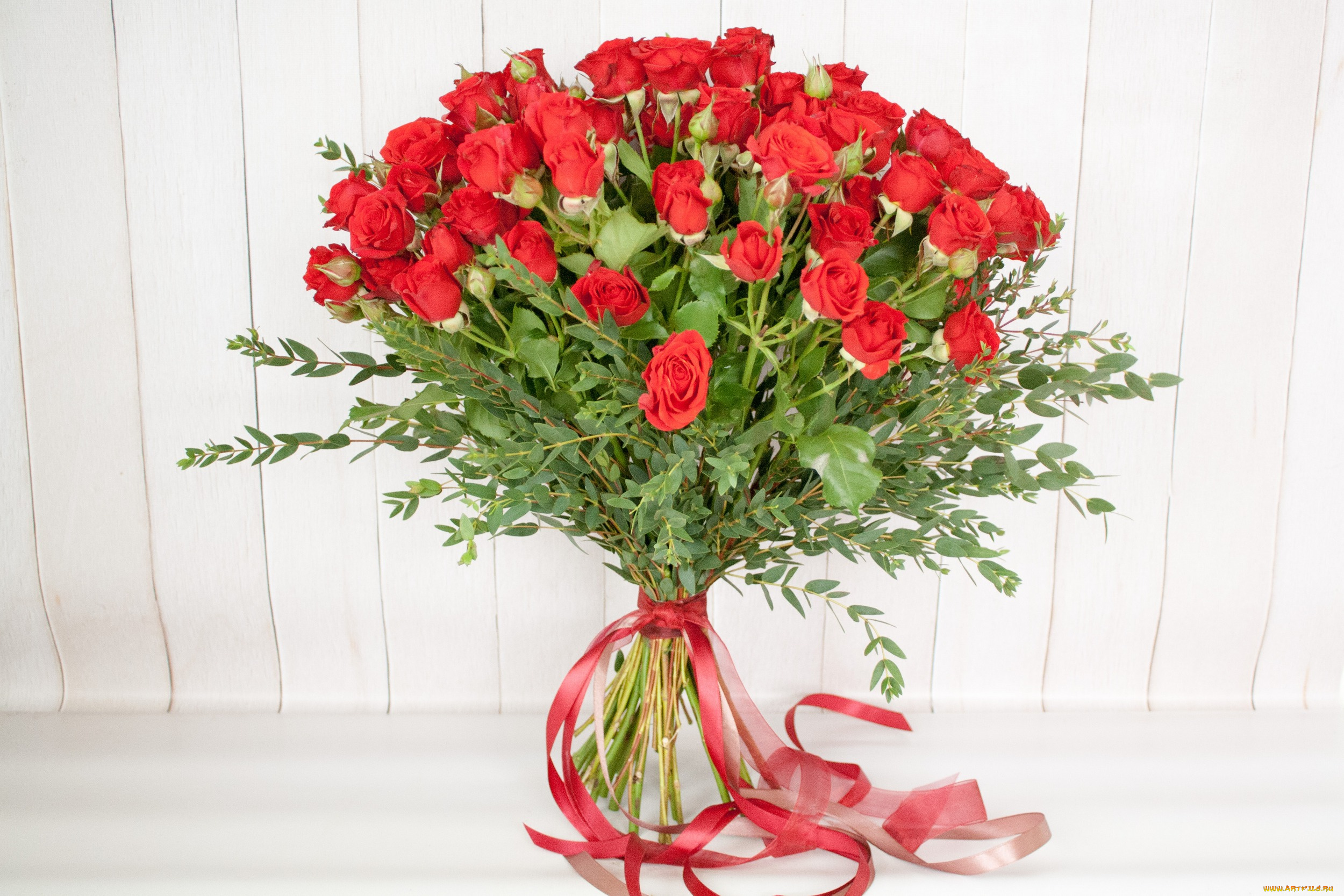 цветы, розы, букет, лента, зелень