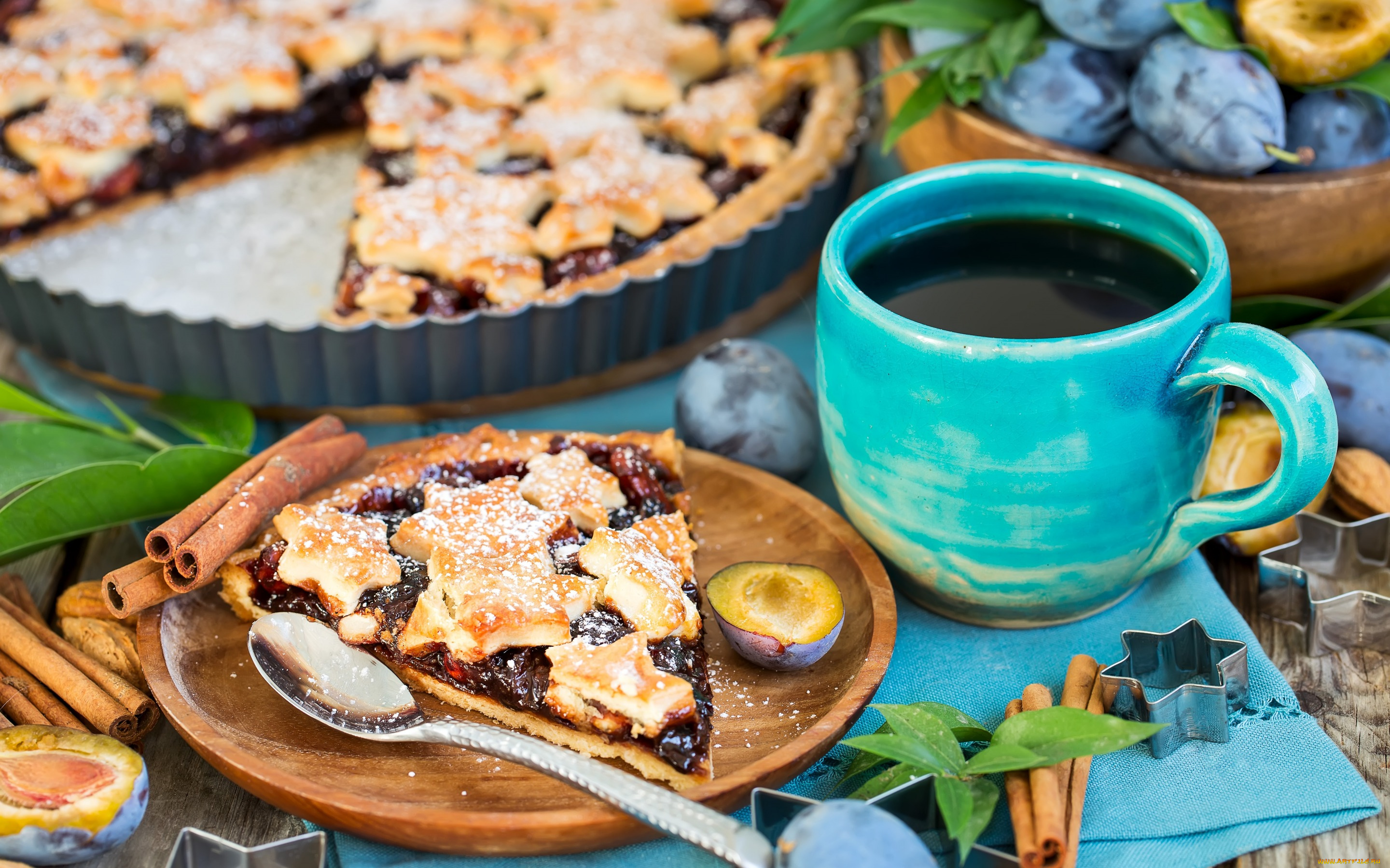 еда, пироги, корица, сливы, пирог, сливовый, выпечка, чашка, кофе