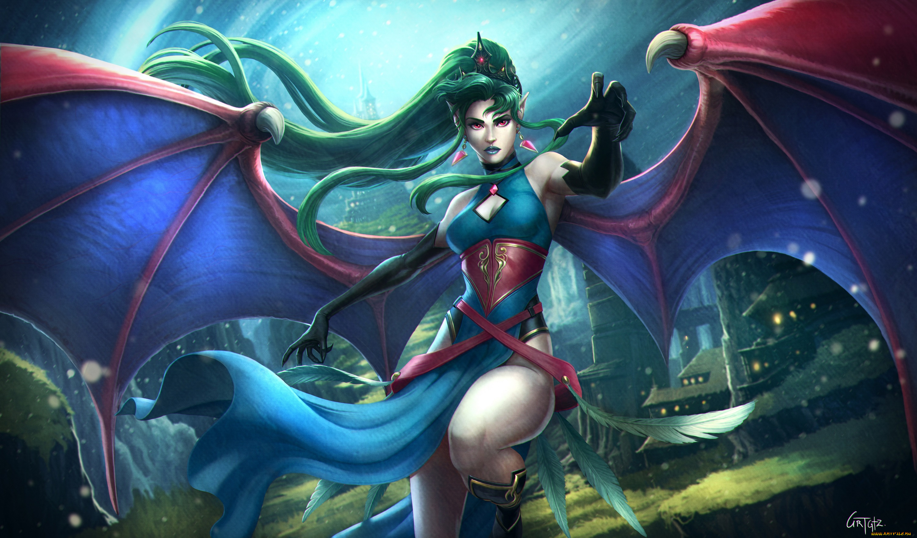 фэнтези, вампиры, девушка, крылья, evelyn, диадема, вампир, арт, платье, мистика, красота, волосы