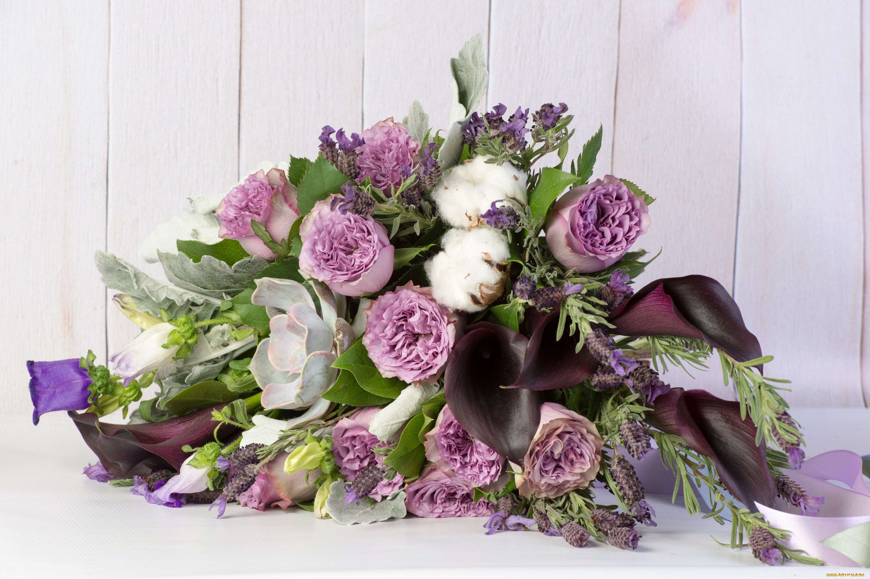 цветы, букеты, , композиции, каллы, розы, ваза, хлопок, ленты, букет