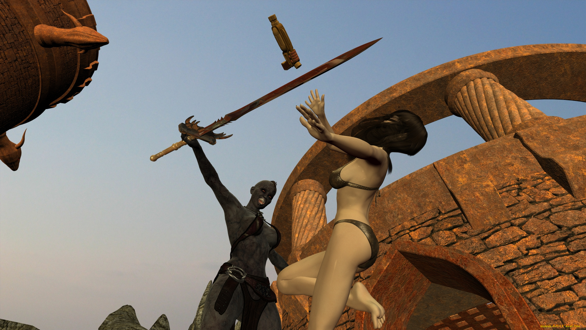 3д, графика, фантазия, , fantasy, девушки, кот, взгляд, фон