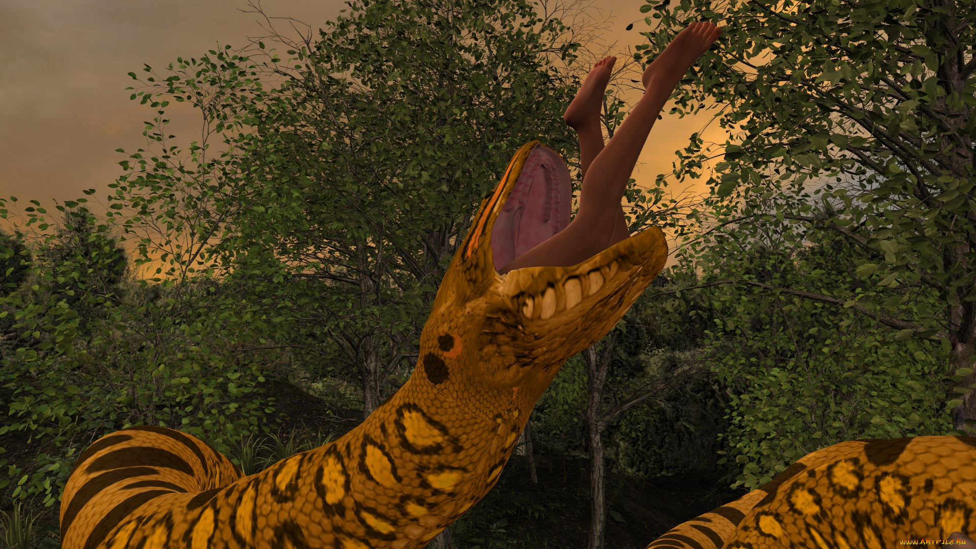 3д, графика, фантазия, , fantasy, фон, змея, девушка, взгляд