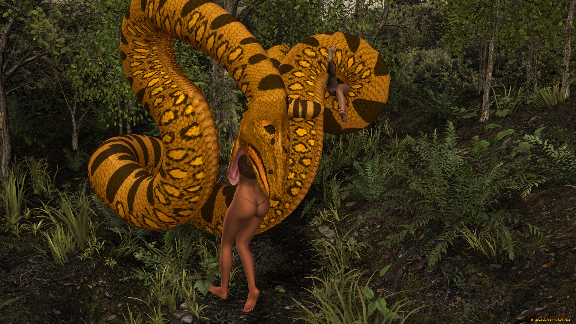 3д, графика, фантазия, , fantasy, взгляд, девушки, змея, фон