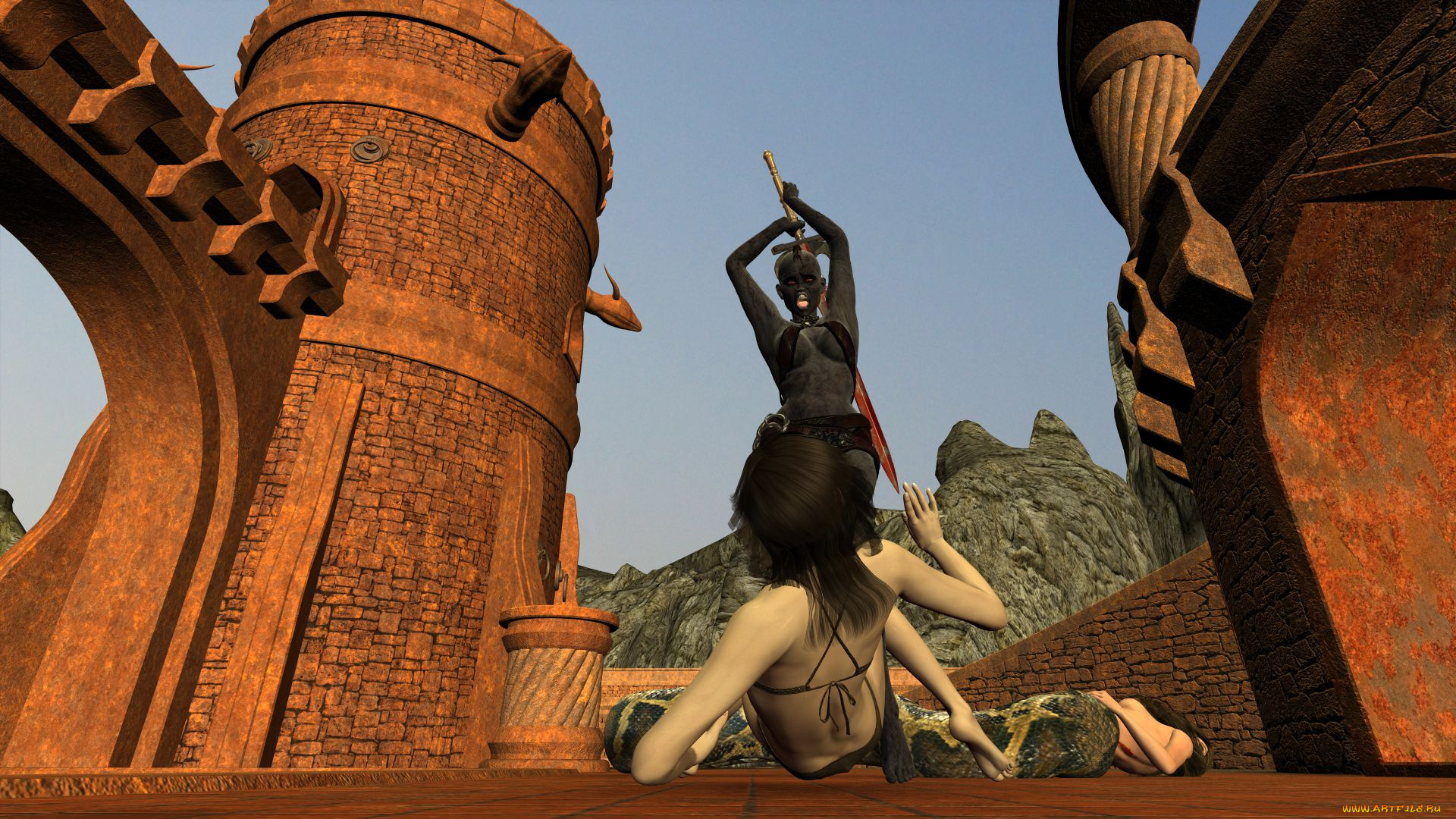 3д, графика, фантазия, , fantasy, взгляд, девушки, кот, фон