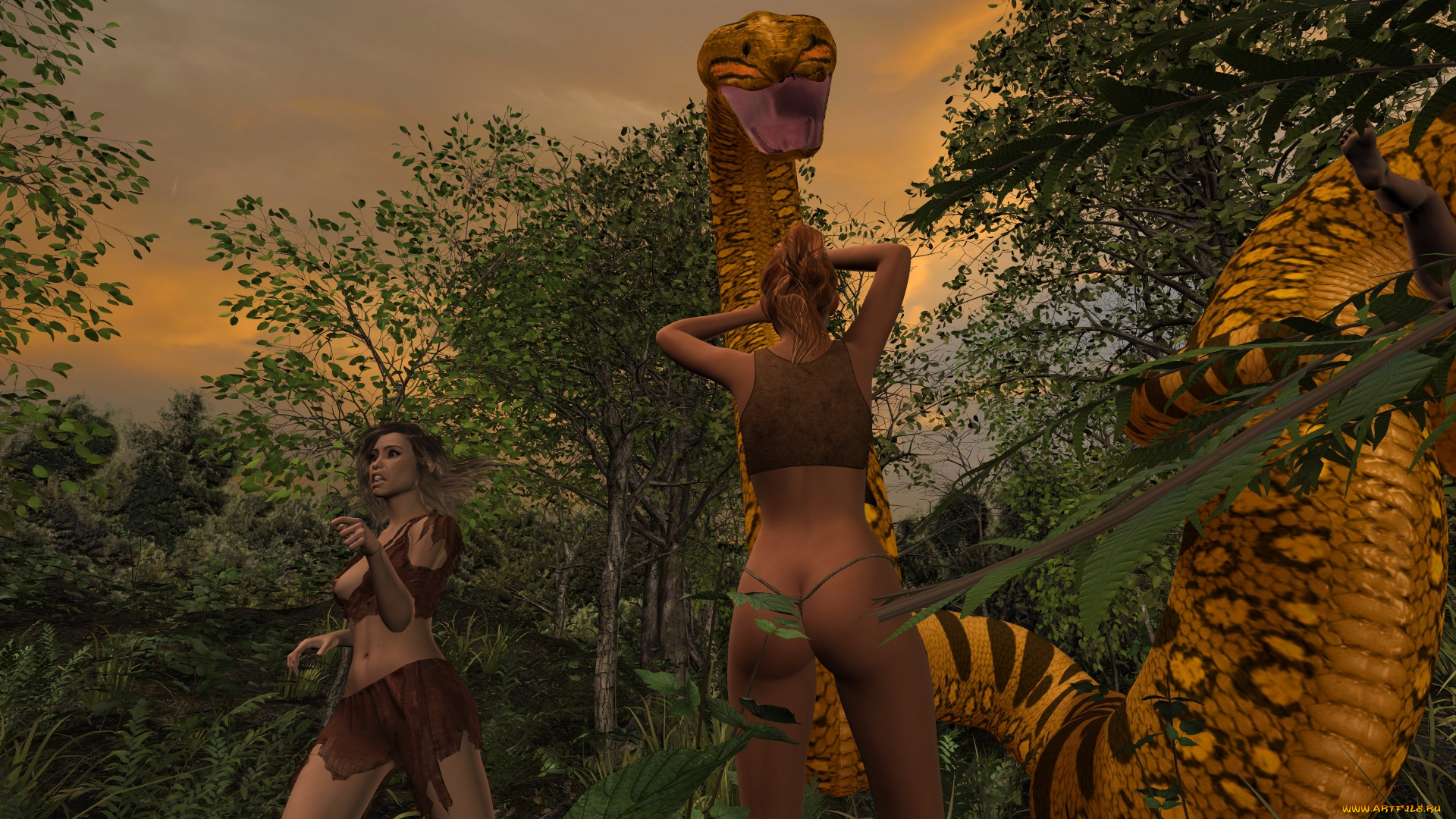 3д, графика, фантазия, , fantasy, взгляд, змея, фон, девушки