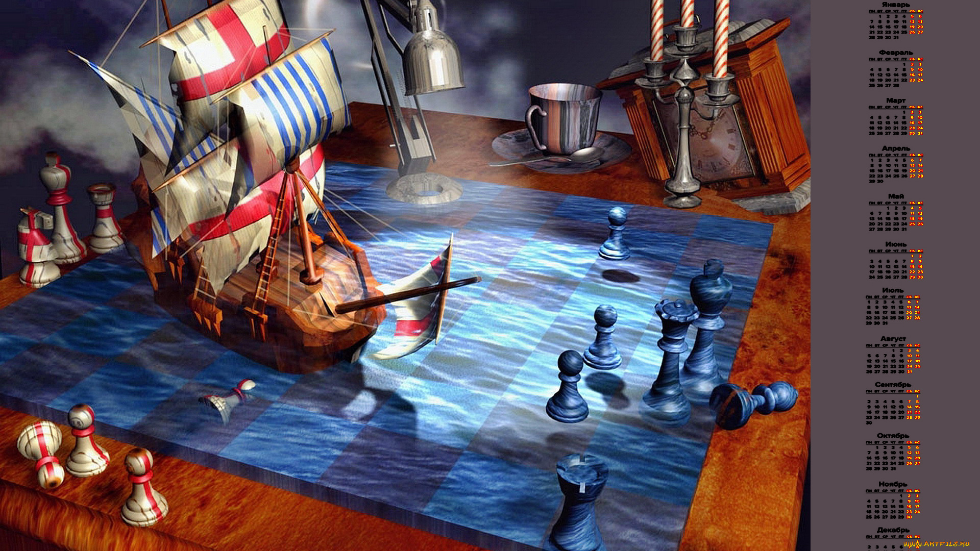 календари, 3д-графика, шахматы, парусник, подсвечник
