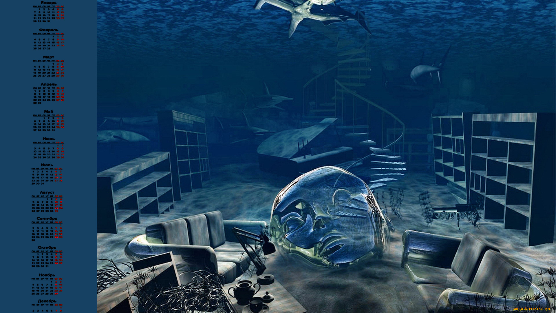 календари, 3д-графика, вода, акула, диван, мебель