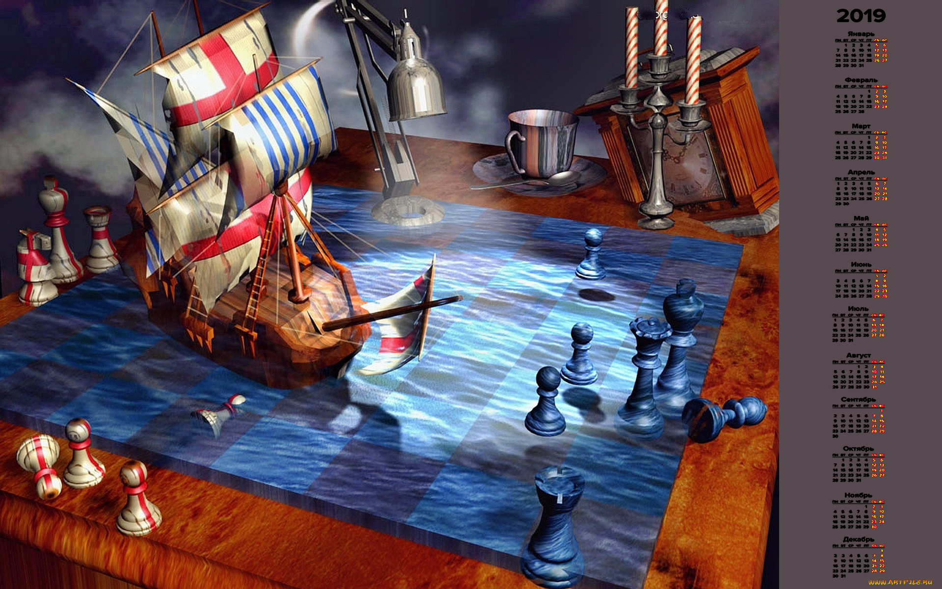 календари, 3д-графика, шахматы, парусник, подсвечник