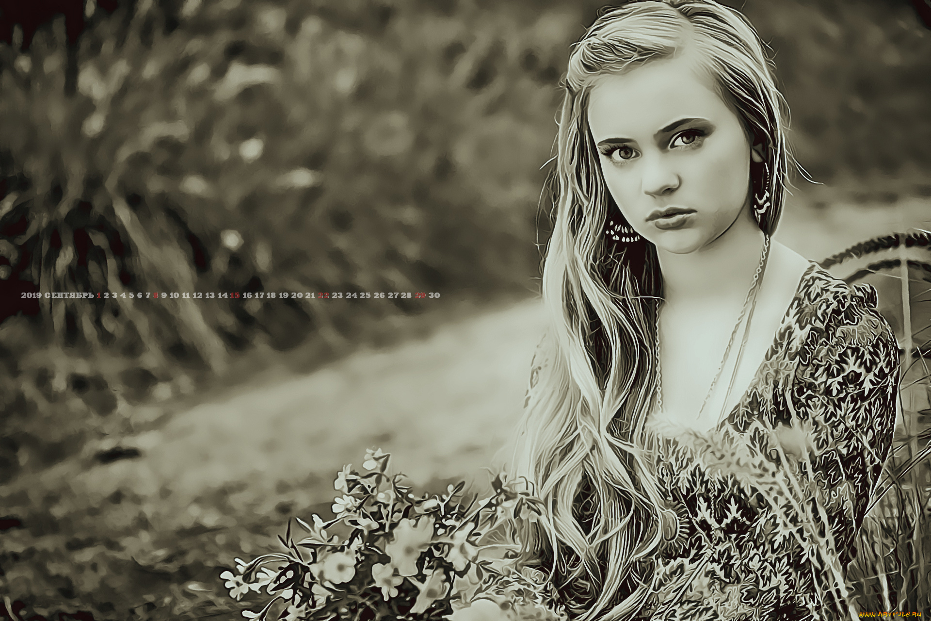 календари, компьютерный, дизайн, букет, цветы, девушка, взгляд, женщина, calendar, 2019