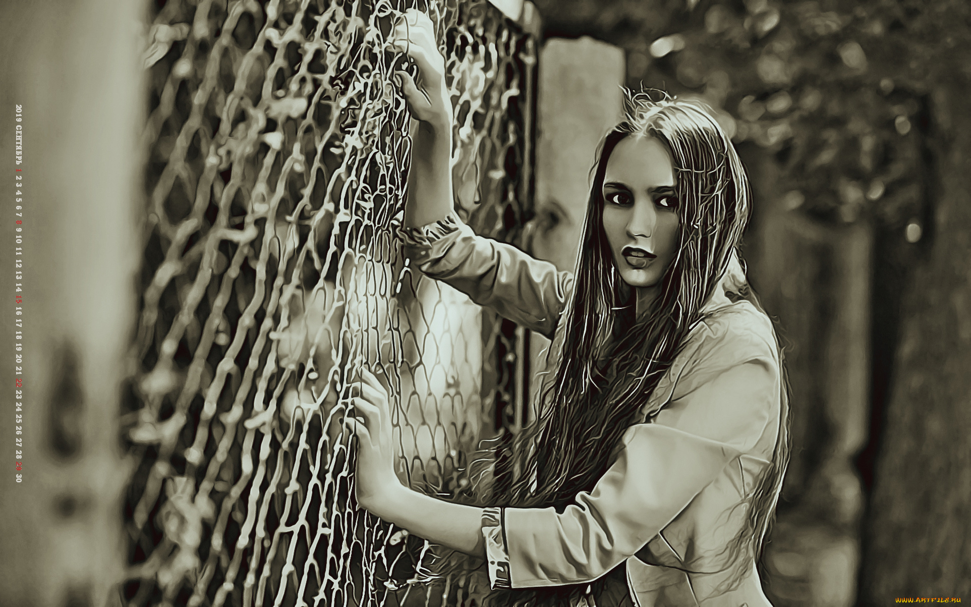 календари, компьютерный, дизайн, девушка, ограждение, 2019, calendar, взгляд, женщина