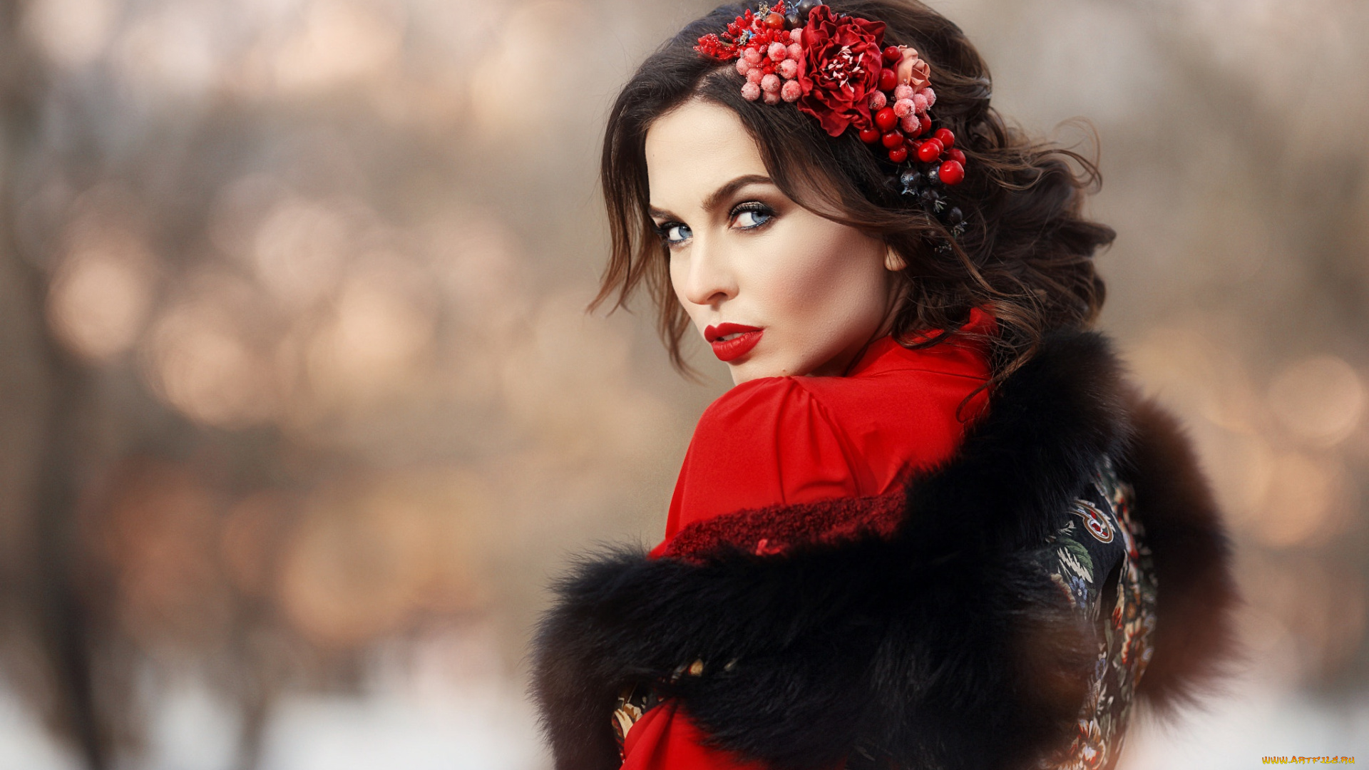 девушки, -, брюнетки, , шатенки, девушка, модель, брюнетка, красотка, шуба, красный, цветы, платок, шарф, причёска, флирт, сексуальная, взгляд, макияж