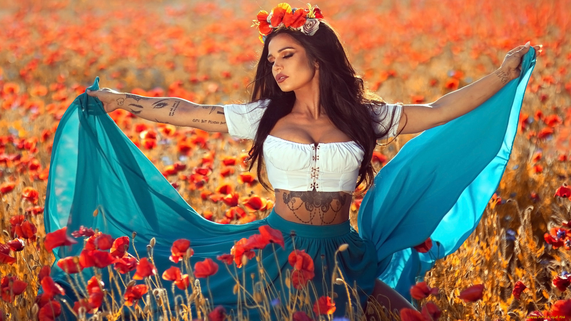 девушки, -, брюнетки, , шатенки, юбка, топ, венок, поле, маки, тату
