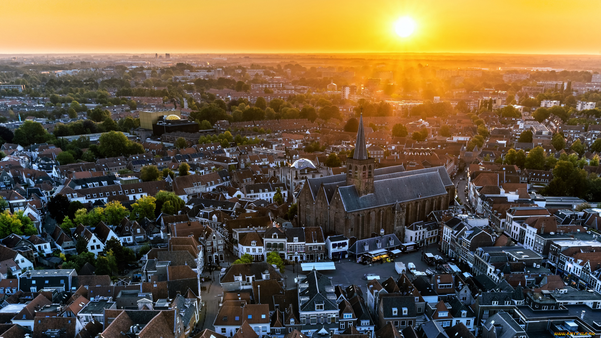 города, -, пейзажи, amerfoort, закат, городской, вид, линия, горизонта, utrecht, нидерланды, европа