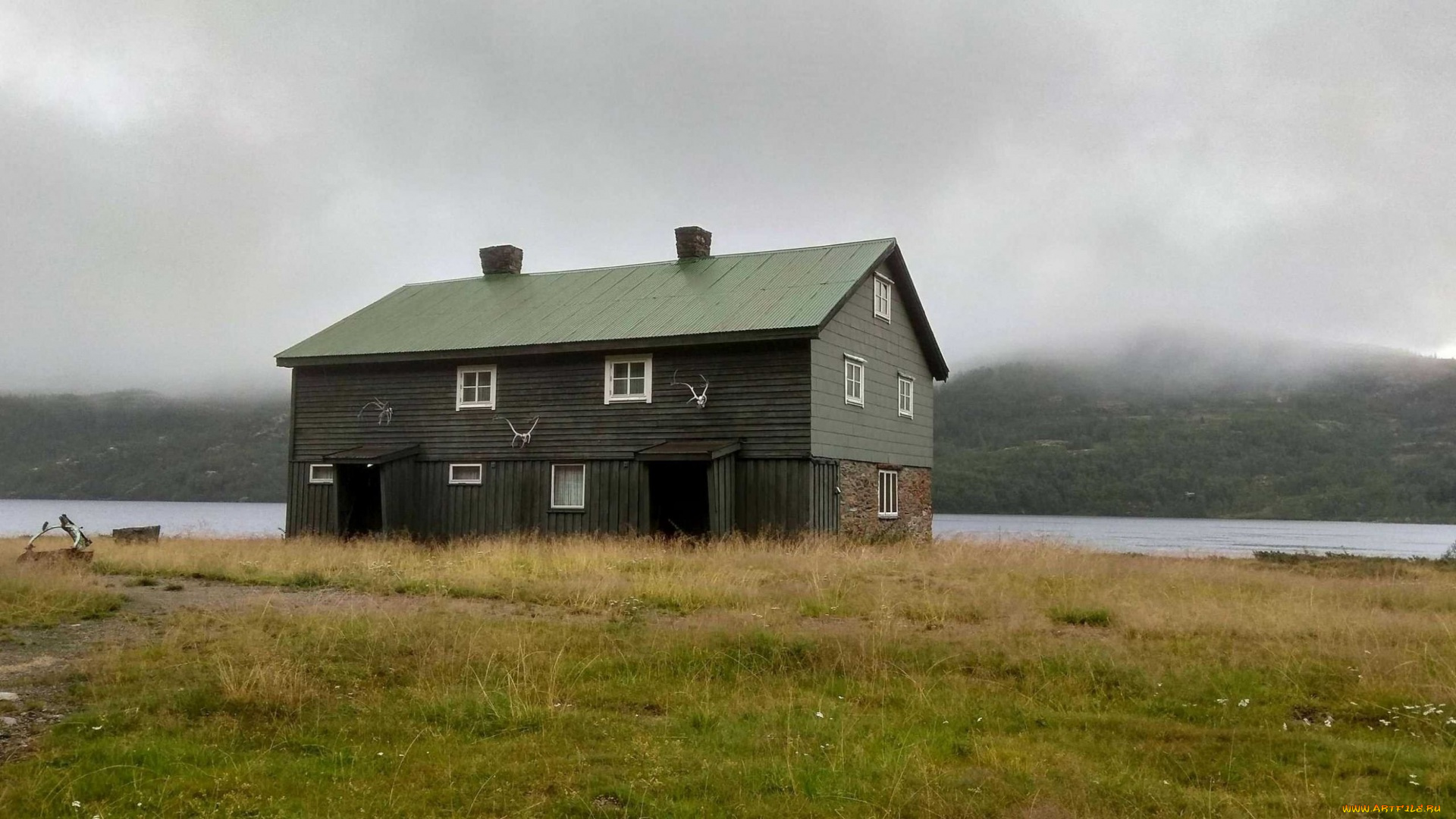 города, -, здания, , дома, река, здание, деревянное, туман