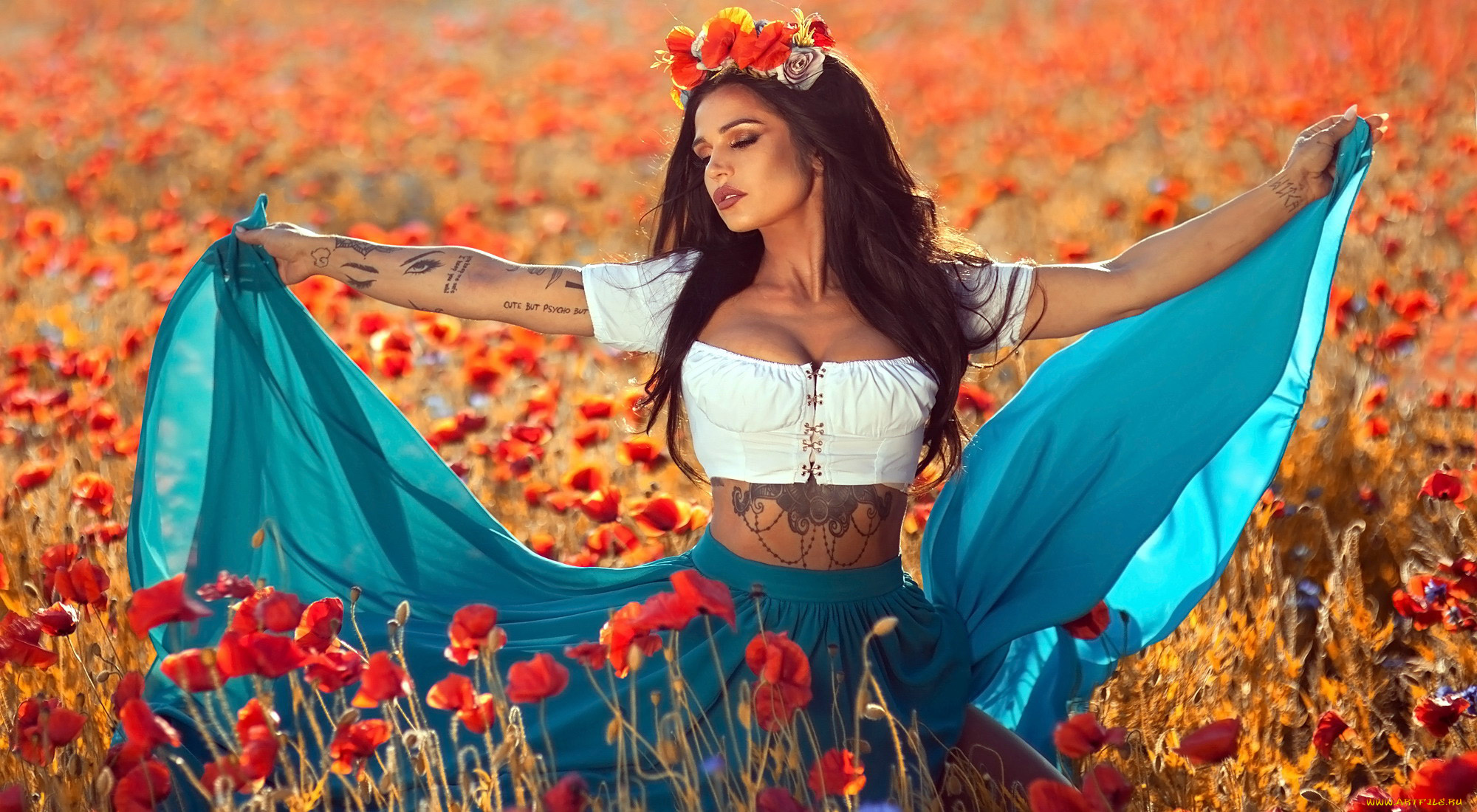 девушки, -, брюнетки, , шатенки, юбка, топ, венок, поле, маки, тату