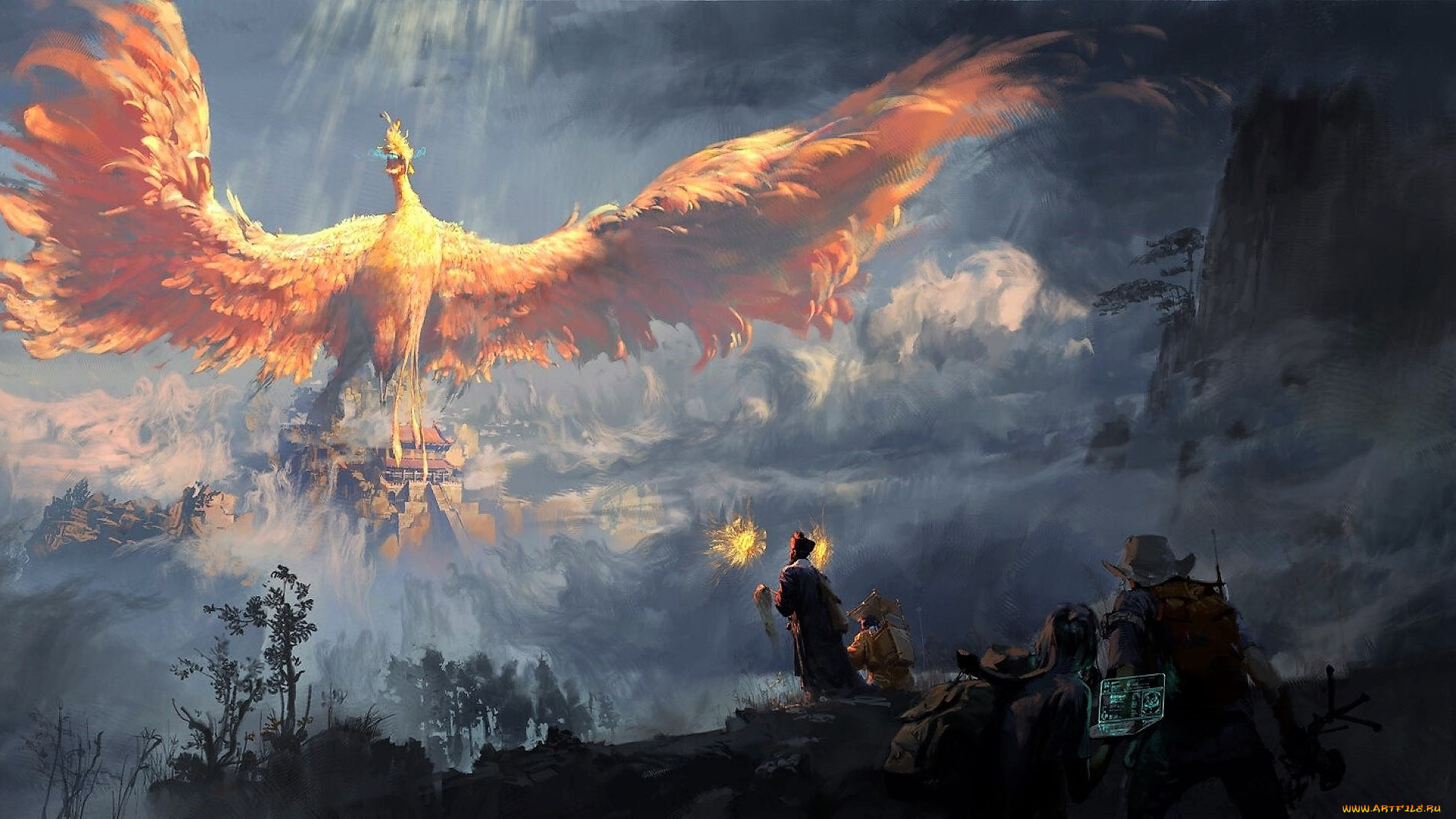 фэнтези, существа, птица, люди, скалы