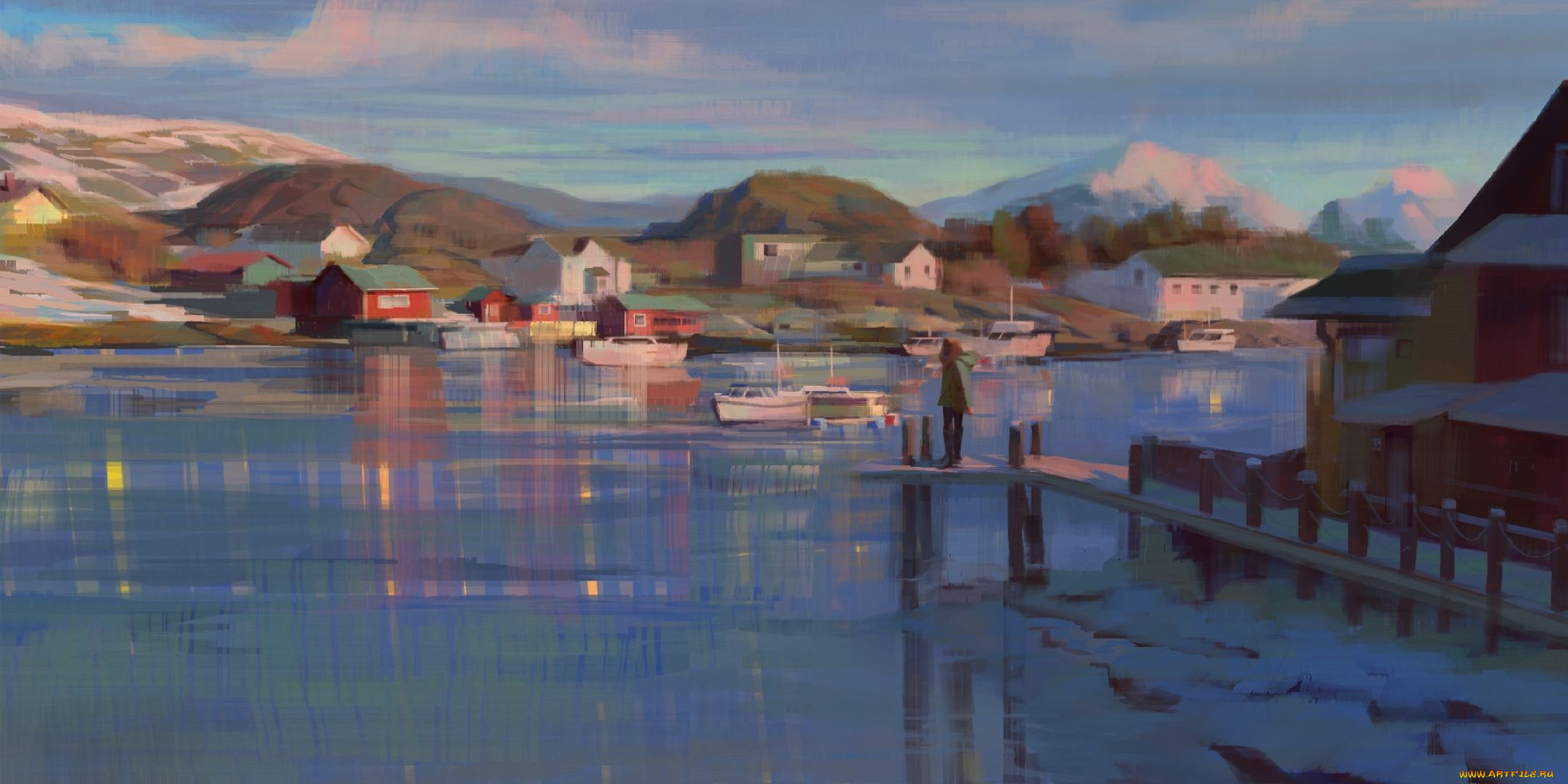 рисованное, живопись, девочка, пристань, дома, лодки, холмы, река