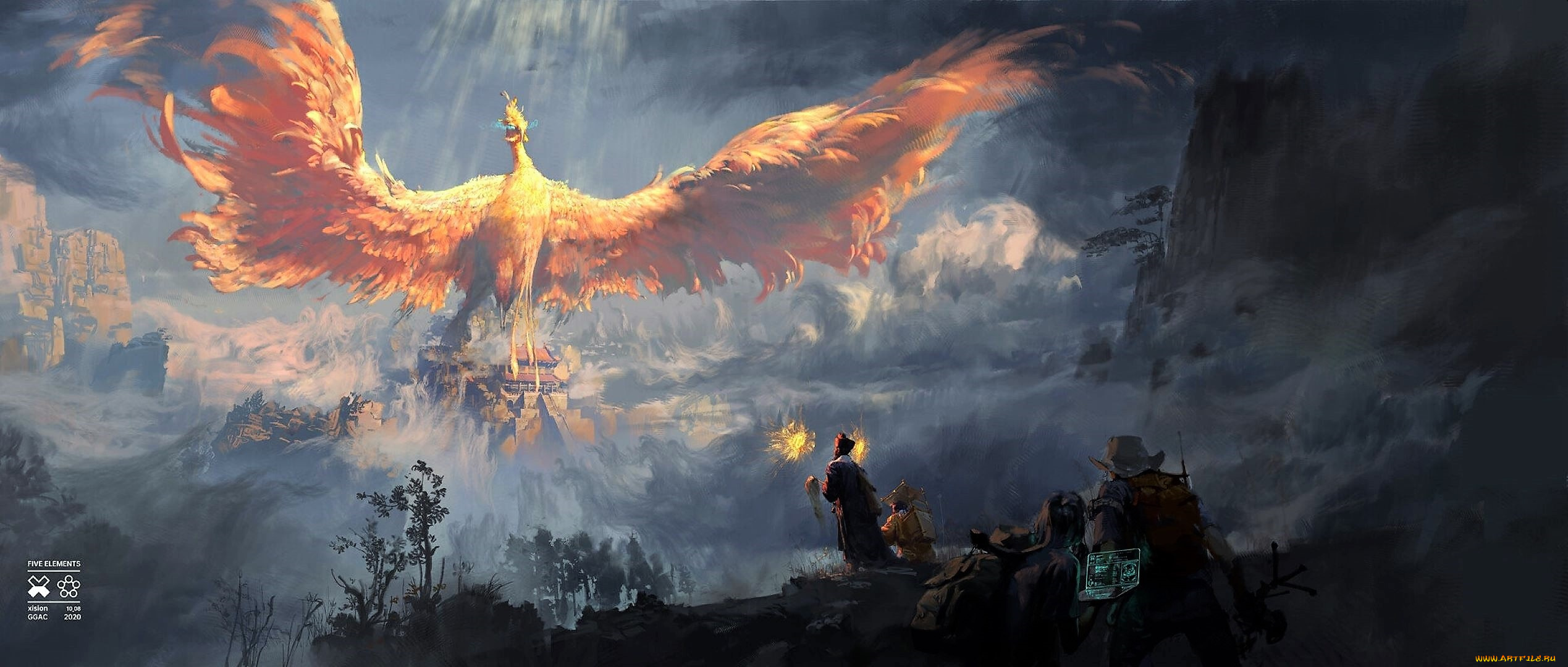 фэнтези, существа, птица, люди, скалы