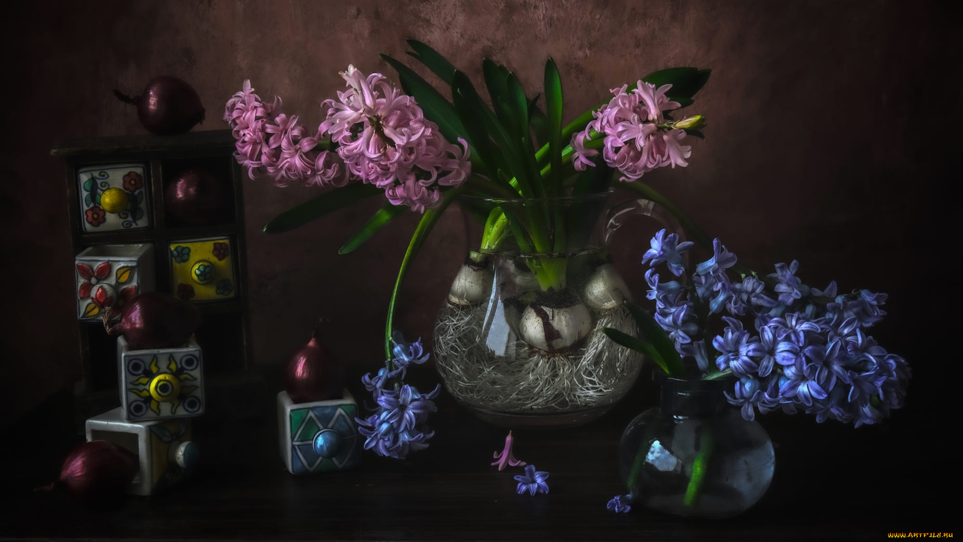 цветы, гиацинты, композиция, синий, розовый