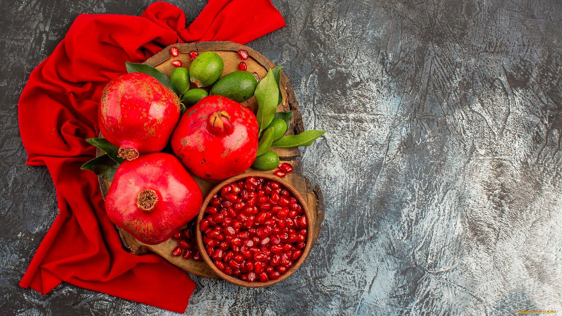 еда, гранат, красное, полотенце, гранаты, зерна