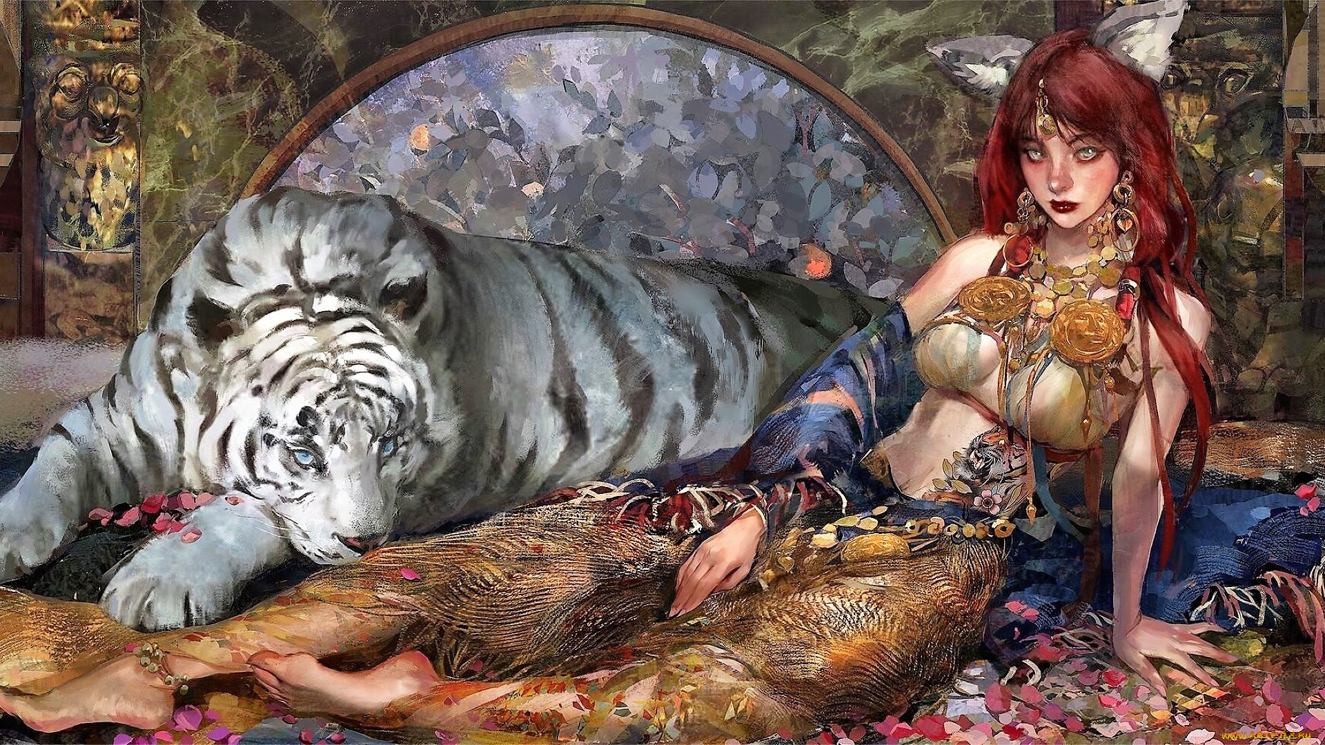 фэнтези, существа, девушка, ушки, тигр