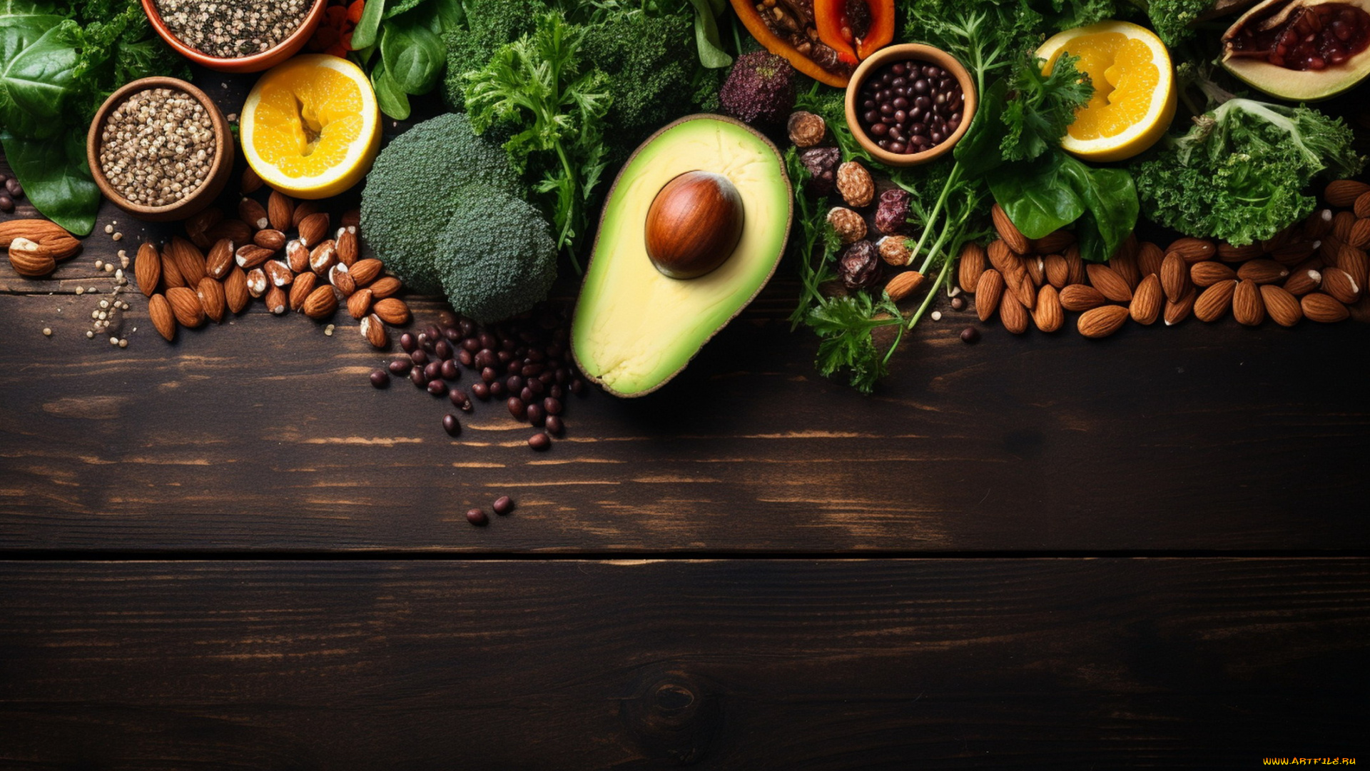 еда, разное, брокколи, авокадо, базилик, орехи, цитрусы