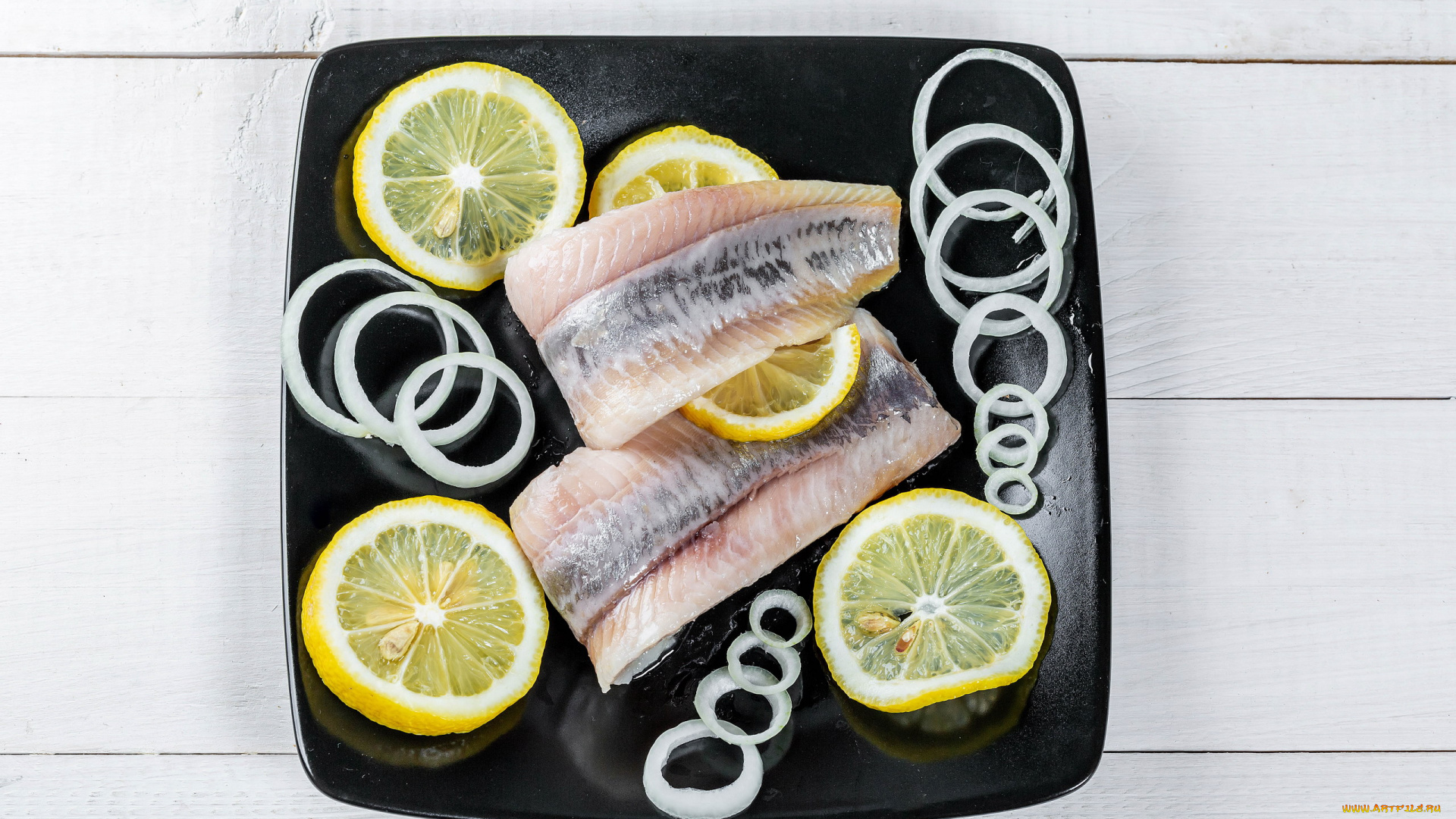 еда, рыбные, блюда, , с, морепродуктами, селедка, лимон, лук