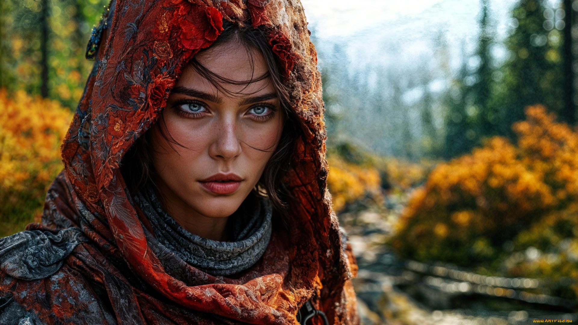 3д, графика, портреты, и, лица, , portraits, and, faсes, девушка, лицо, платок, осень, лес, ручей