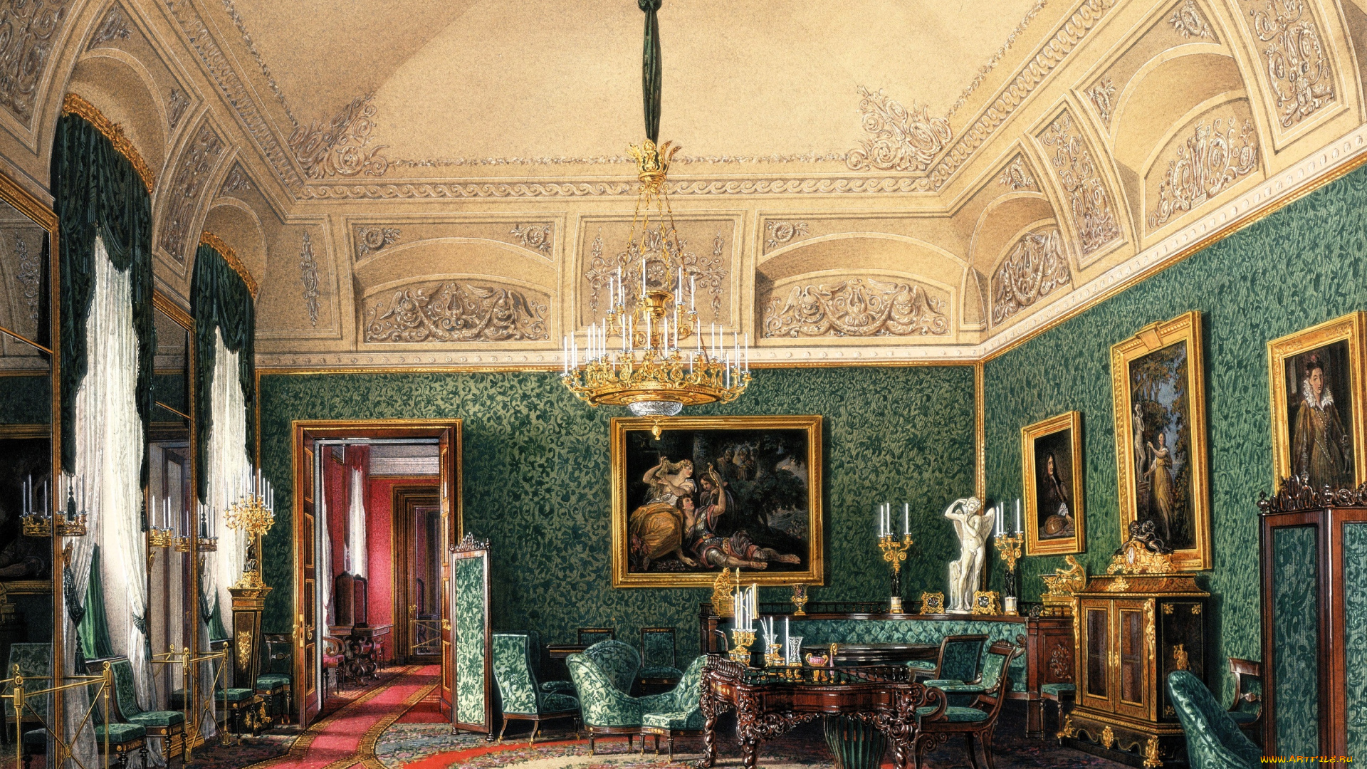 рисованное, эдуард, гау, дворец, интерьер, комната, свод, лепнина, люстра, стулья, столы, ковер, кресла, картины