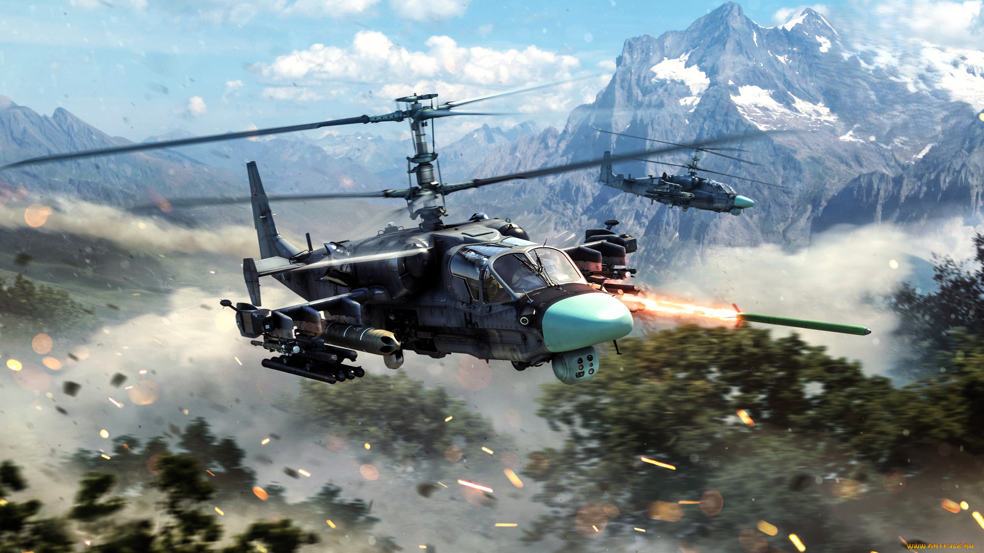 видео, игры, war, thunder, вертолеты, горы, ракеты, деревья