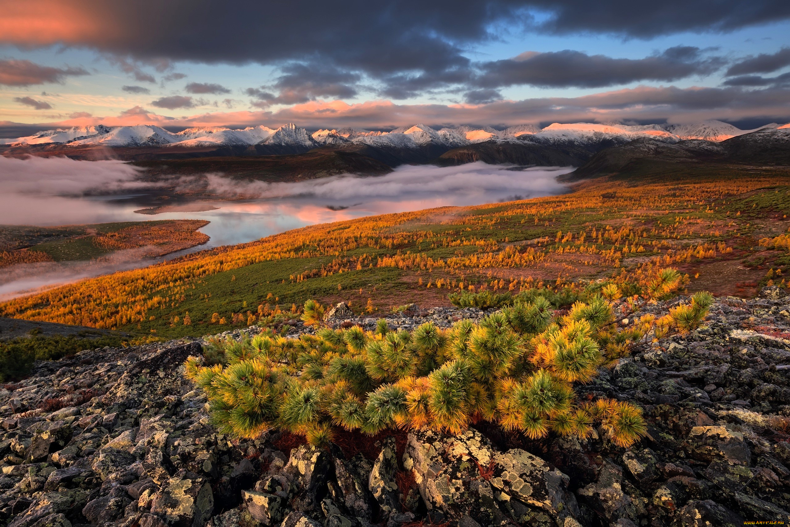 колыма, природа, реки, озера, горы, озеро, облака, туман, деревья, осень