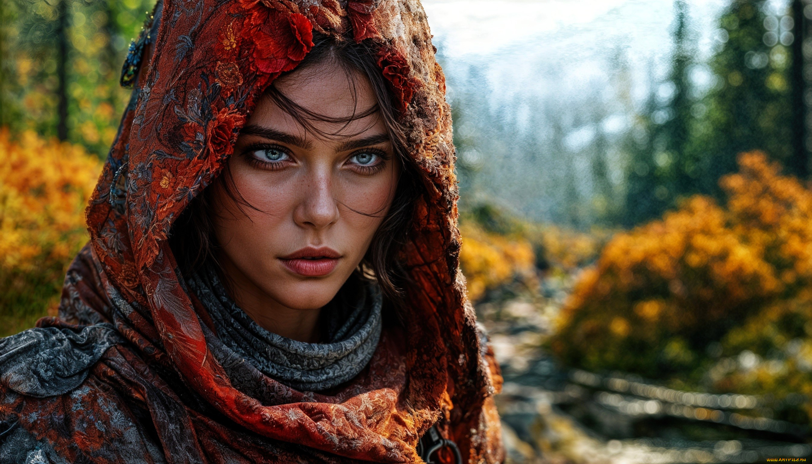 3д, графика, портреты, и, лица, , portraits, and, faсes, девушка, лицо, платок, осень, лес, ручей