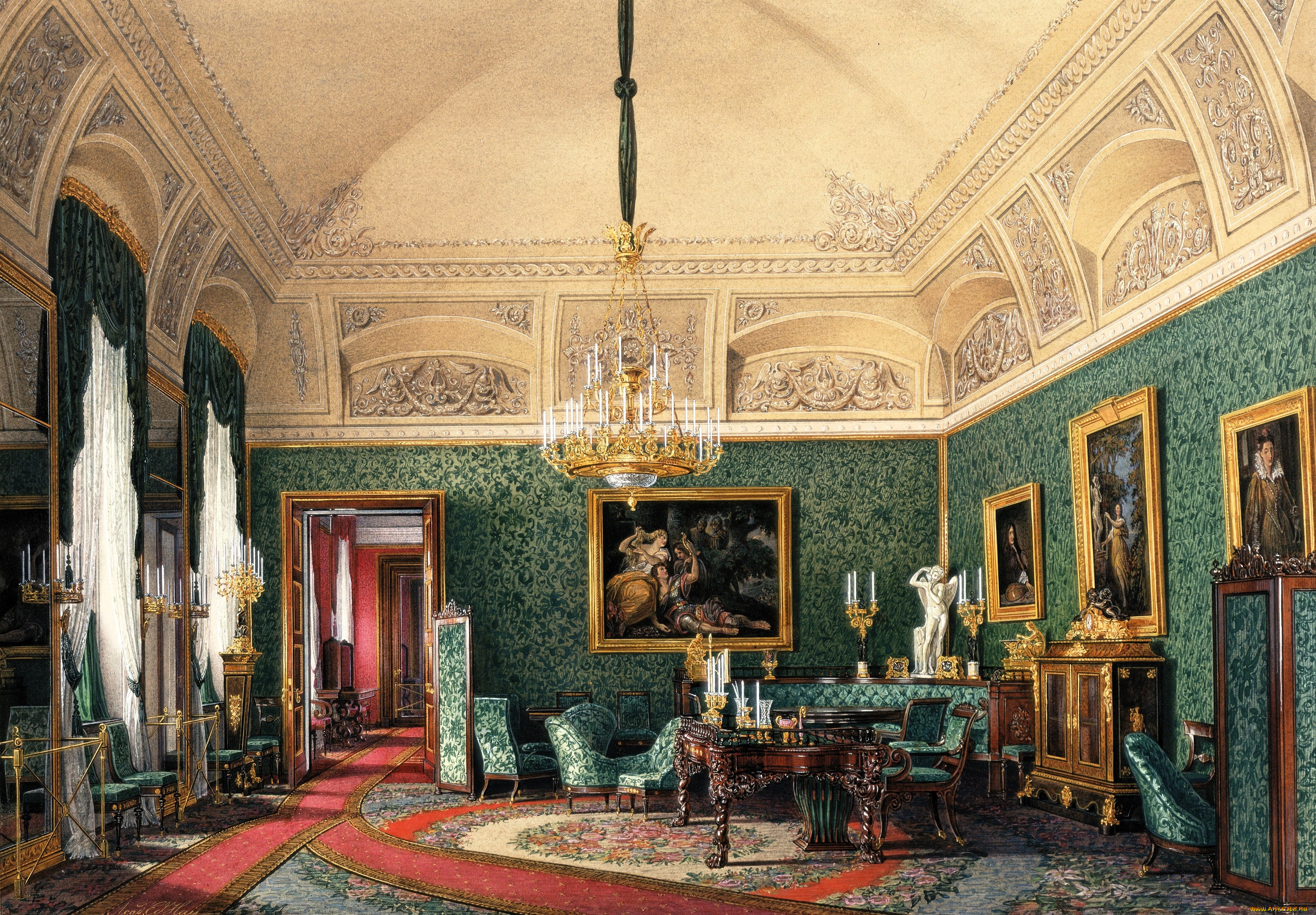 рисованное, эдуард, гау, дворец, интерьер, комната, свод, лепнина, люстра, стулья, столы, ковер, кресла, картины