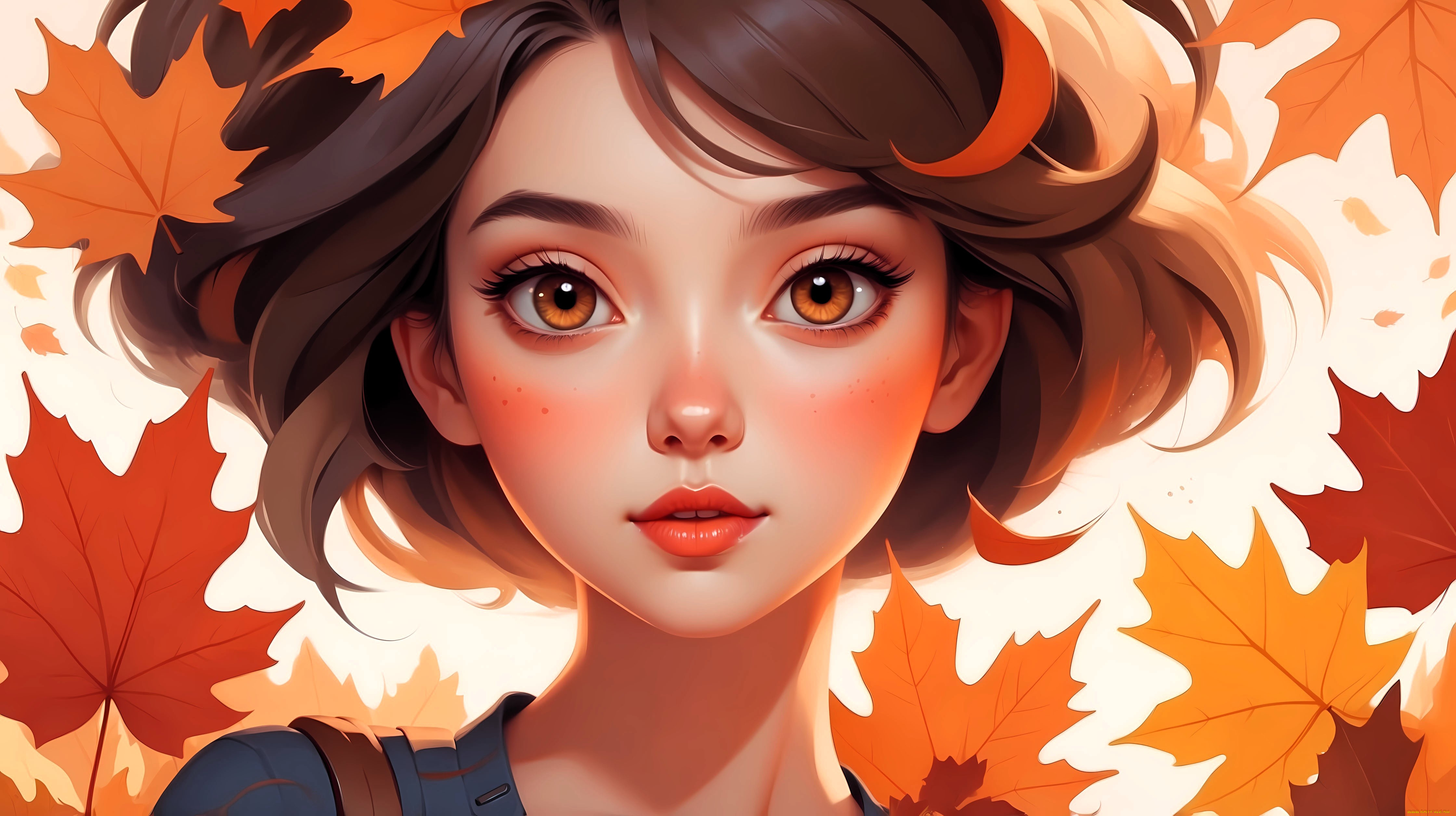 рисованное, люди, девушка, лицо, осень, листья, клен