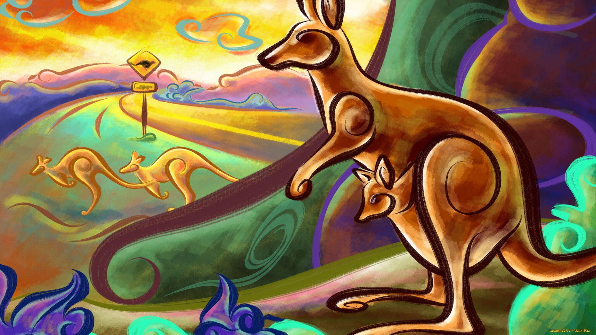 рисованные, животные, кенгуру