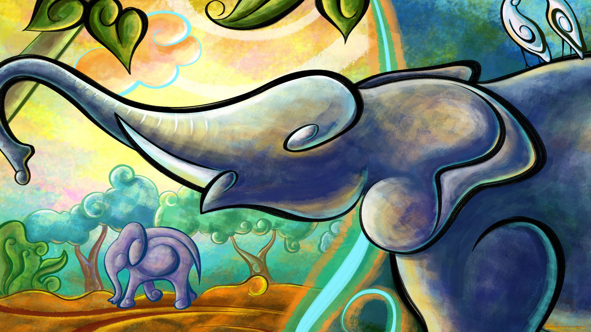 рисованные, животные, слоны