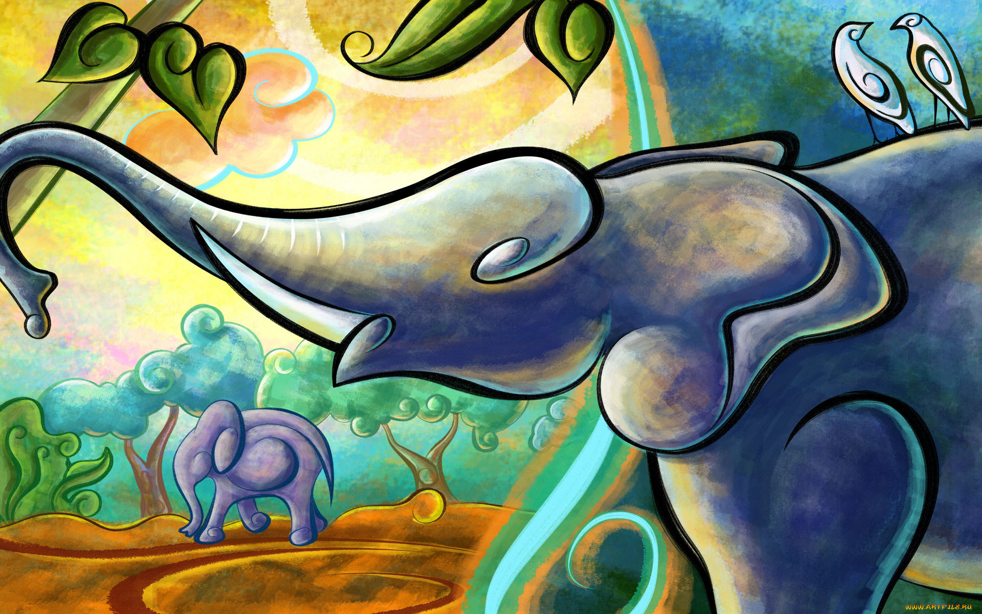 рисованные, животные, слоны