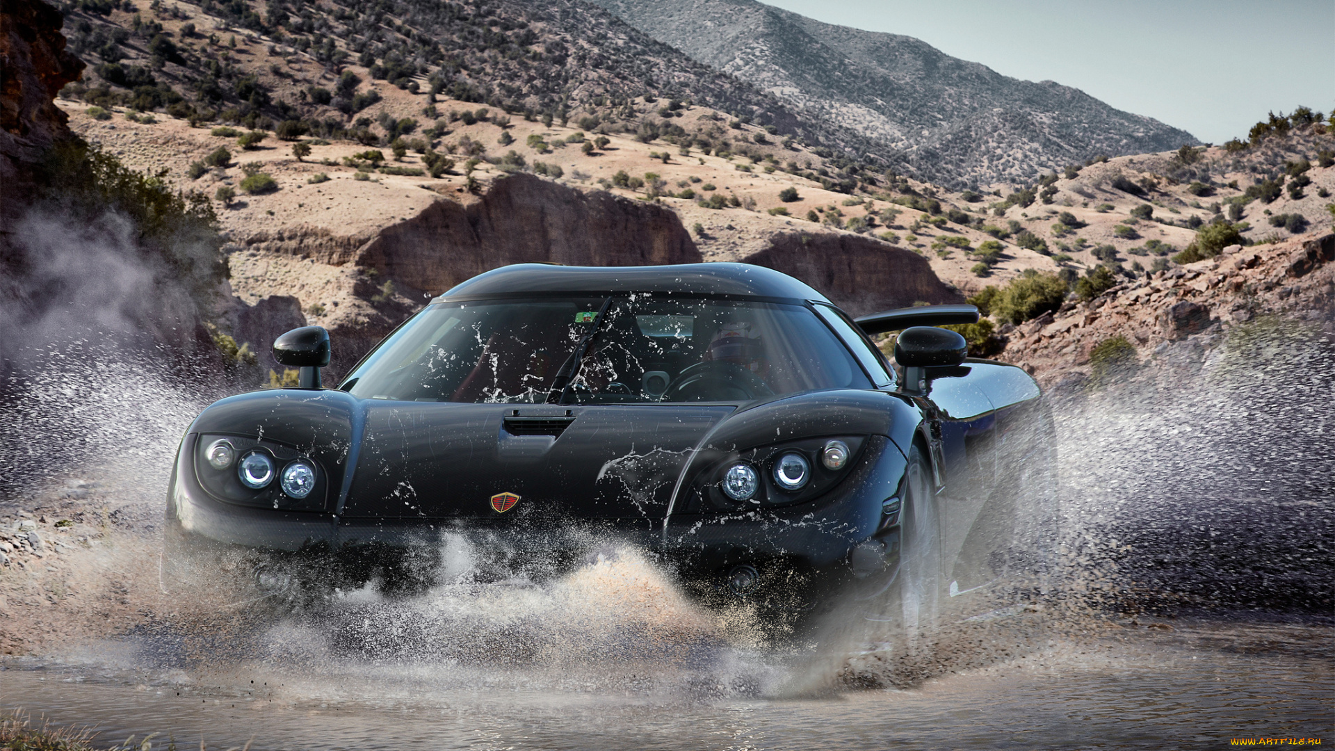 автомобили, koenigsegg, ccxr, black, front, кенигсег, чёрный, горы, ручей, брызги